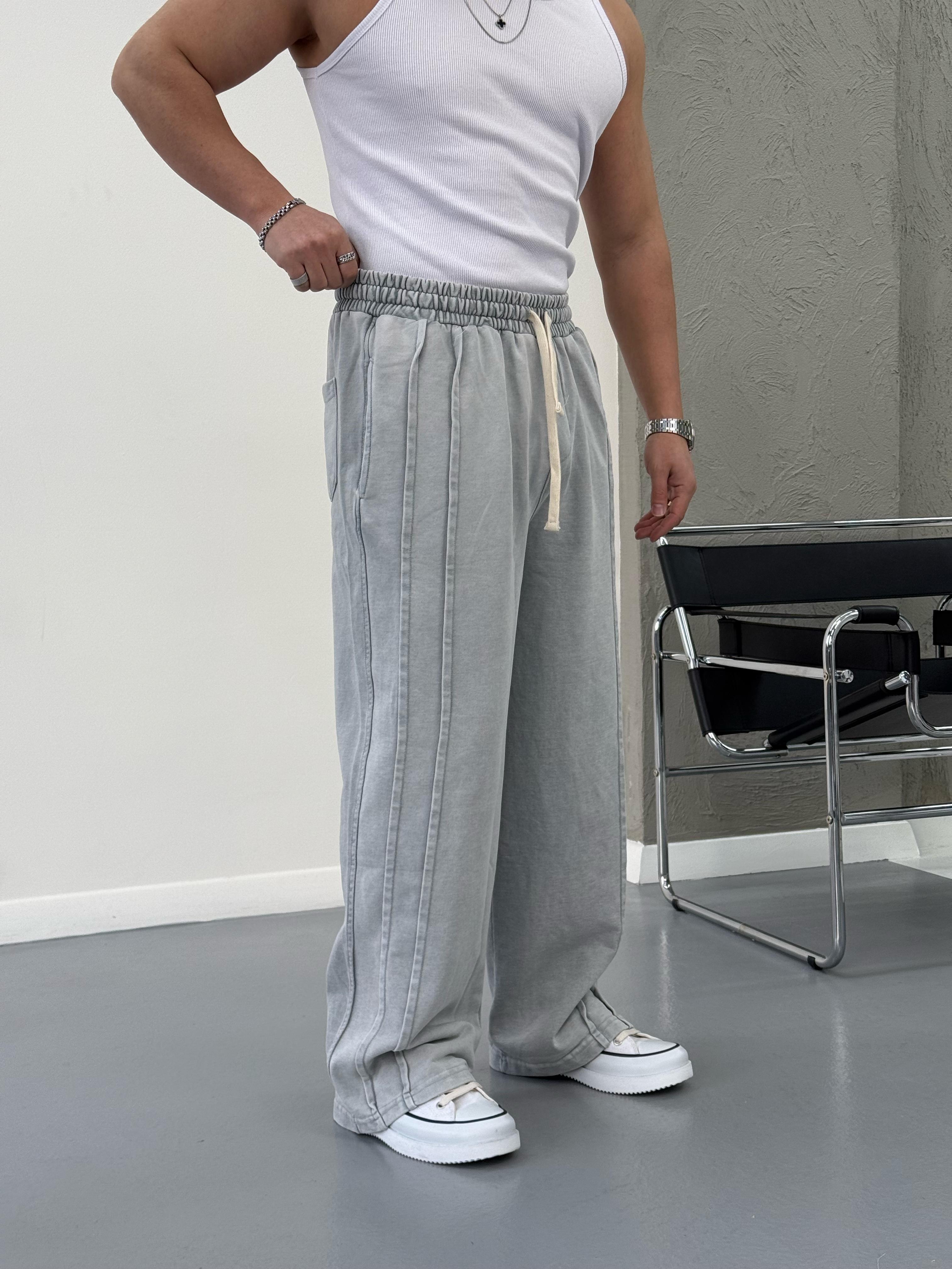 Baggy Çift Şerit Detaylı Eşofman Gri