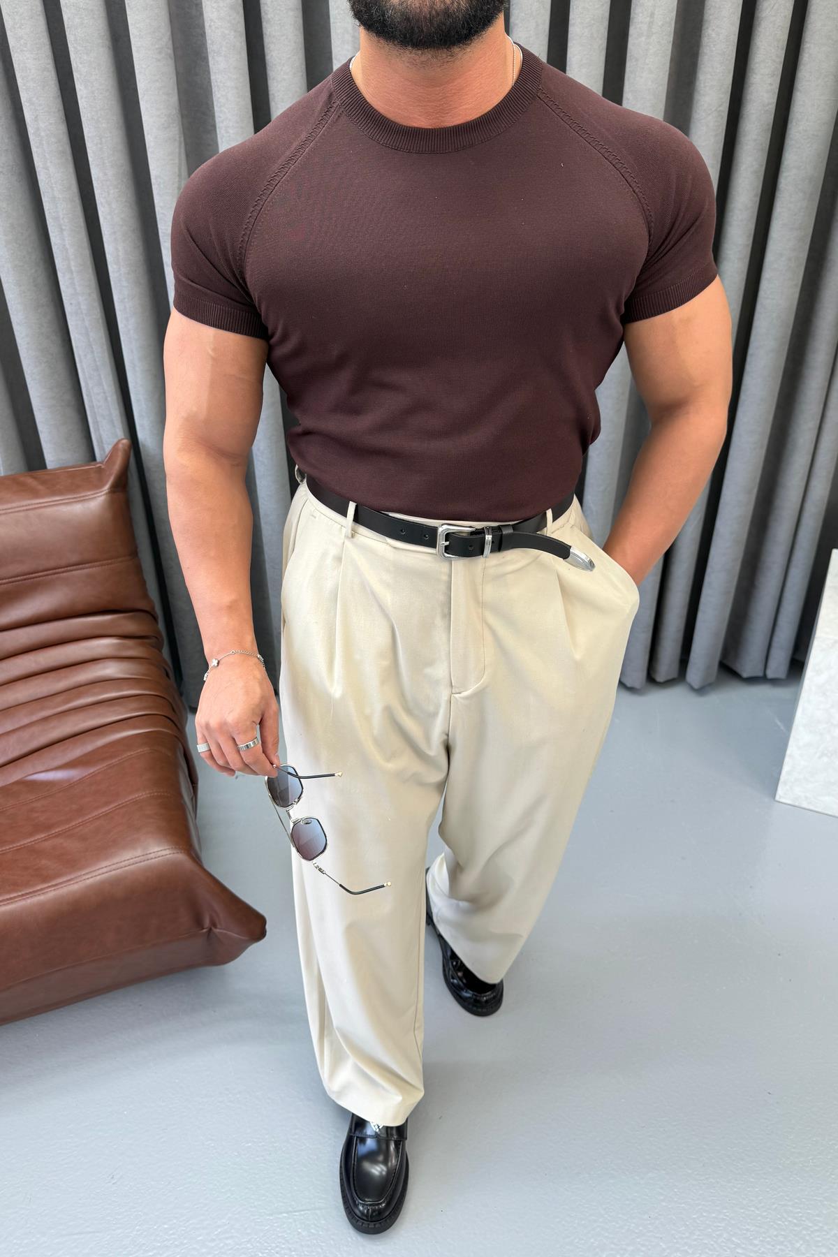BASIC BİSİKLET YAKA SLİMFİT TRİKO KAHVERENGİ