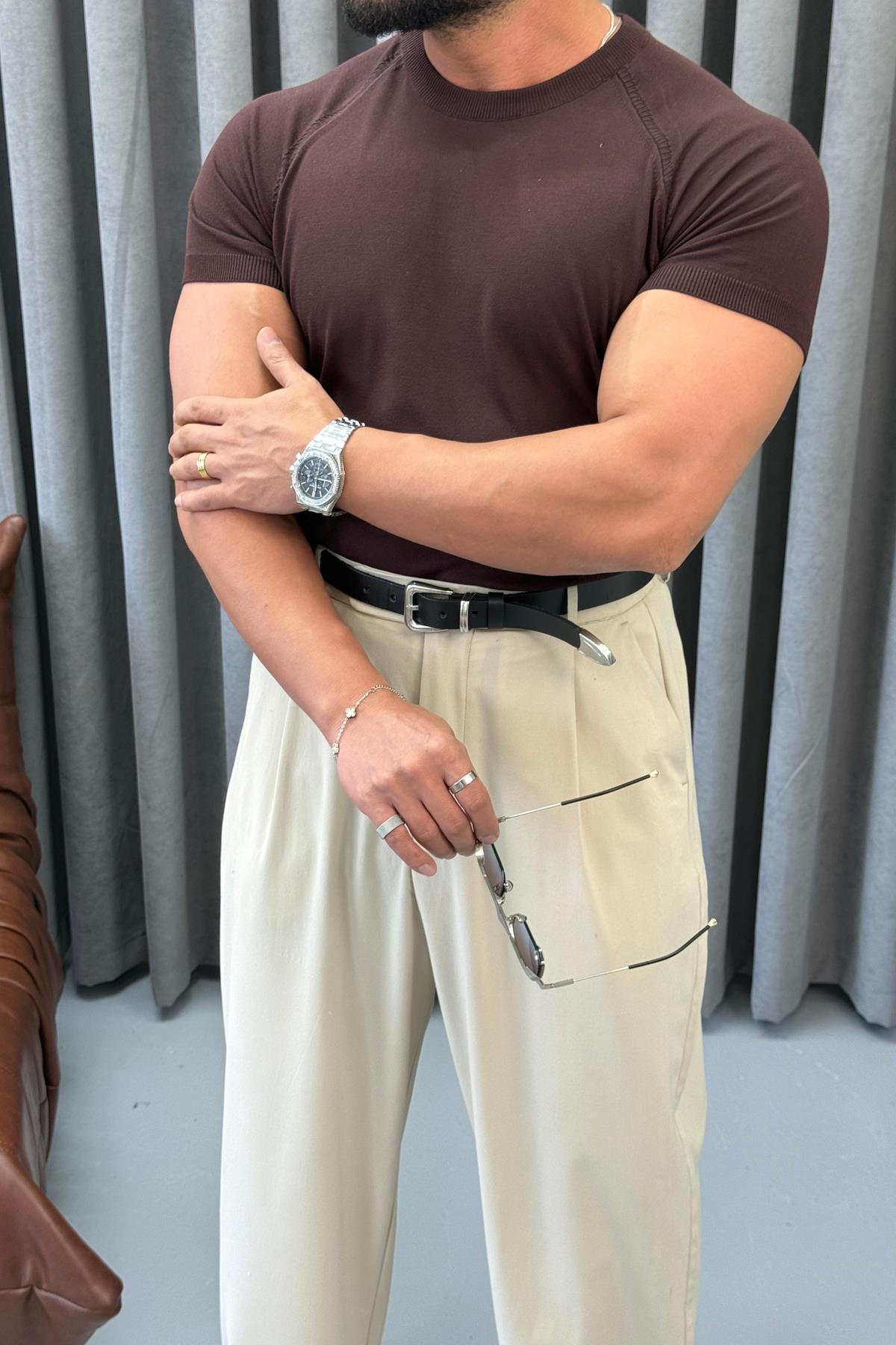 BASIC BİSİKLET YAKA SLİMFİT TRİKO KAHVERENGİ