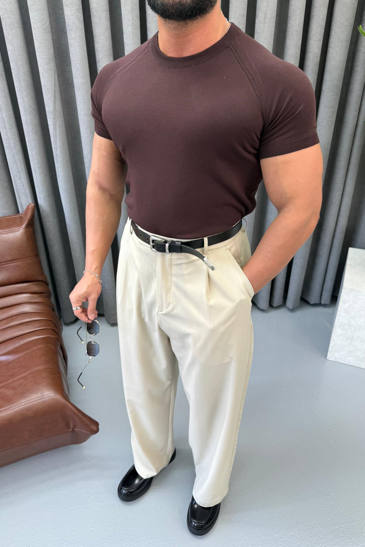 BASIC BİSİKLET YAKA SLİMFİT TRİKO KAHVERENGİ