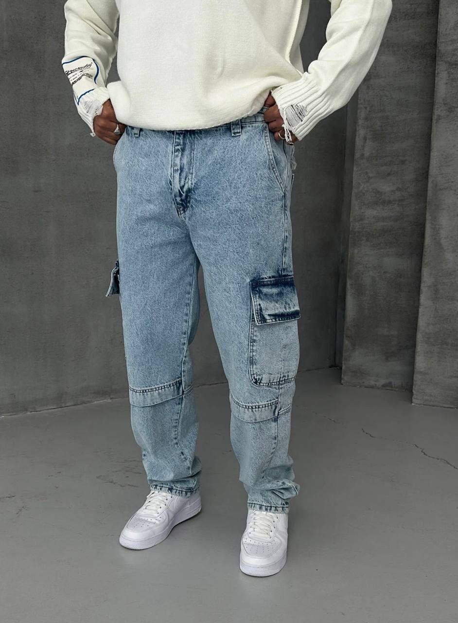 Buz Mavisi Baggy Kargo Cep Jeans