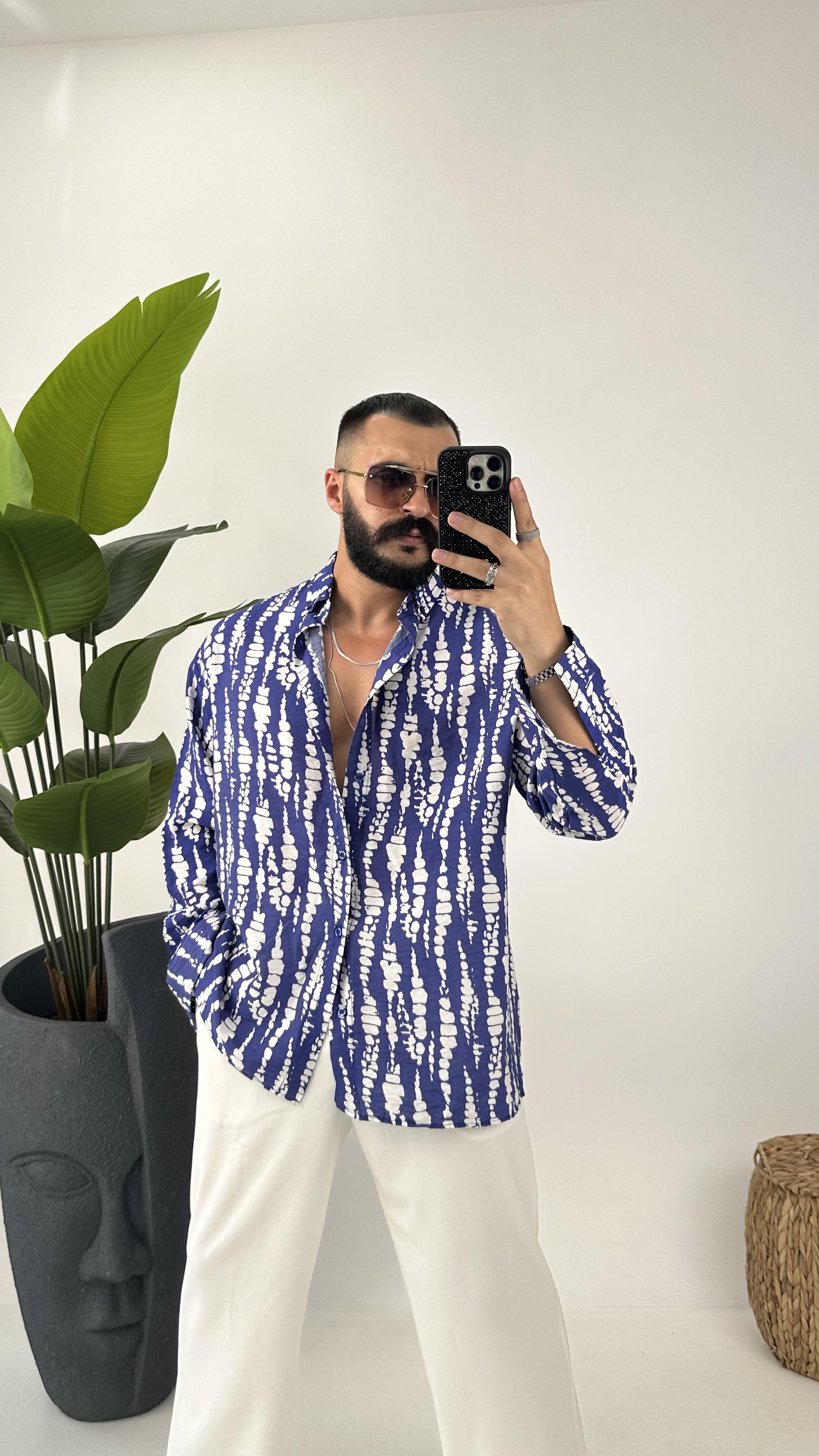 etnik desenli oversize  gömlek mavi