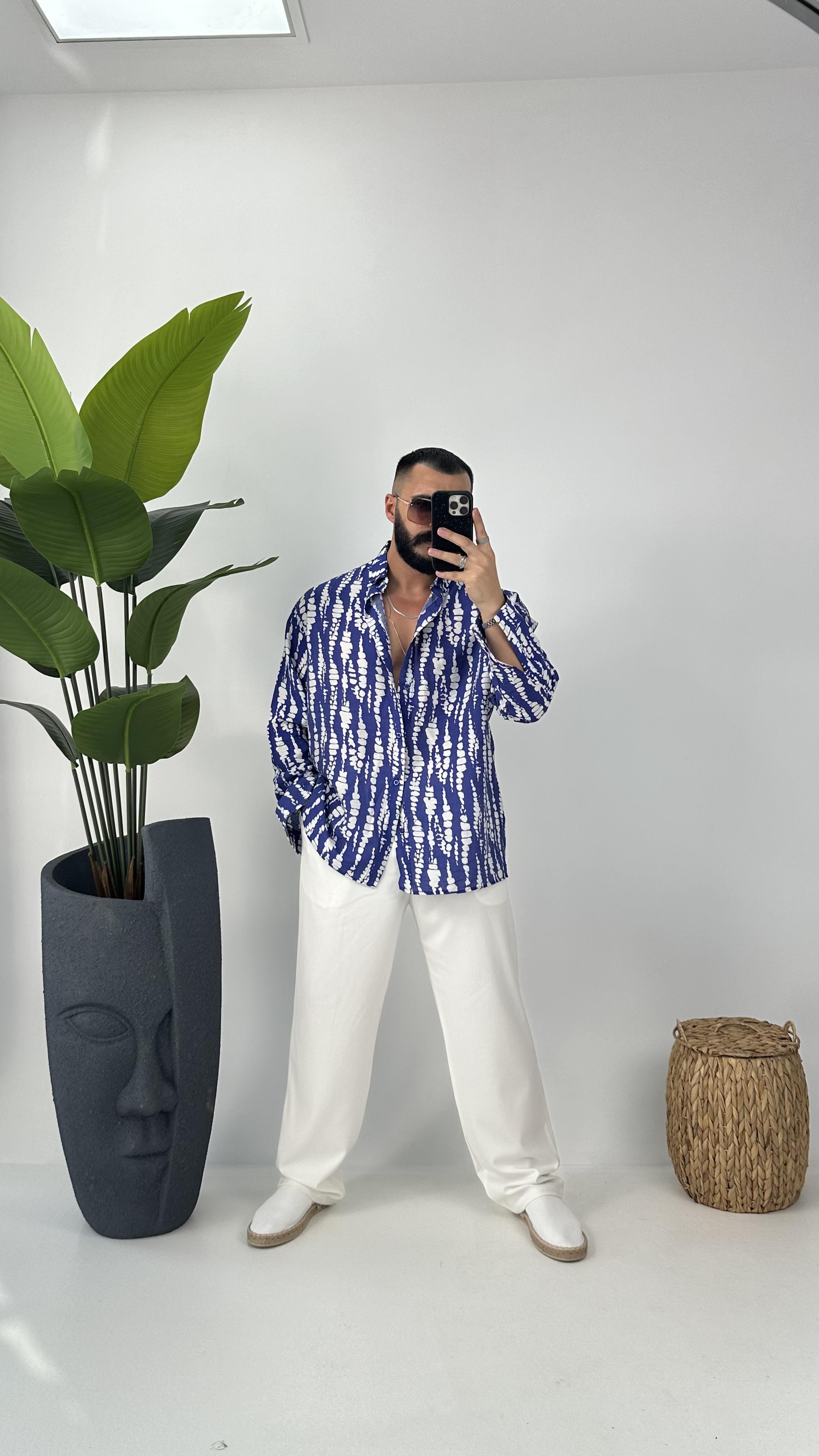 etnik desenli oversize  gömlek mavi