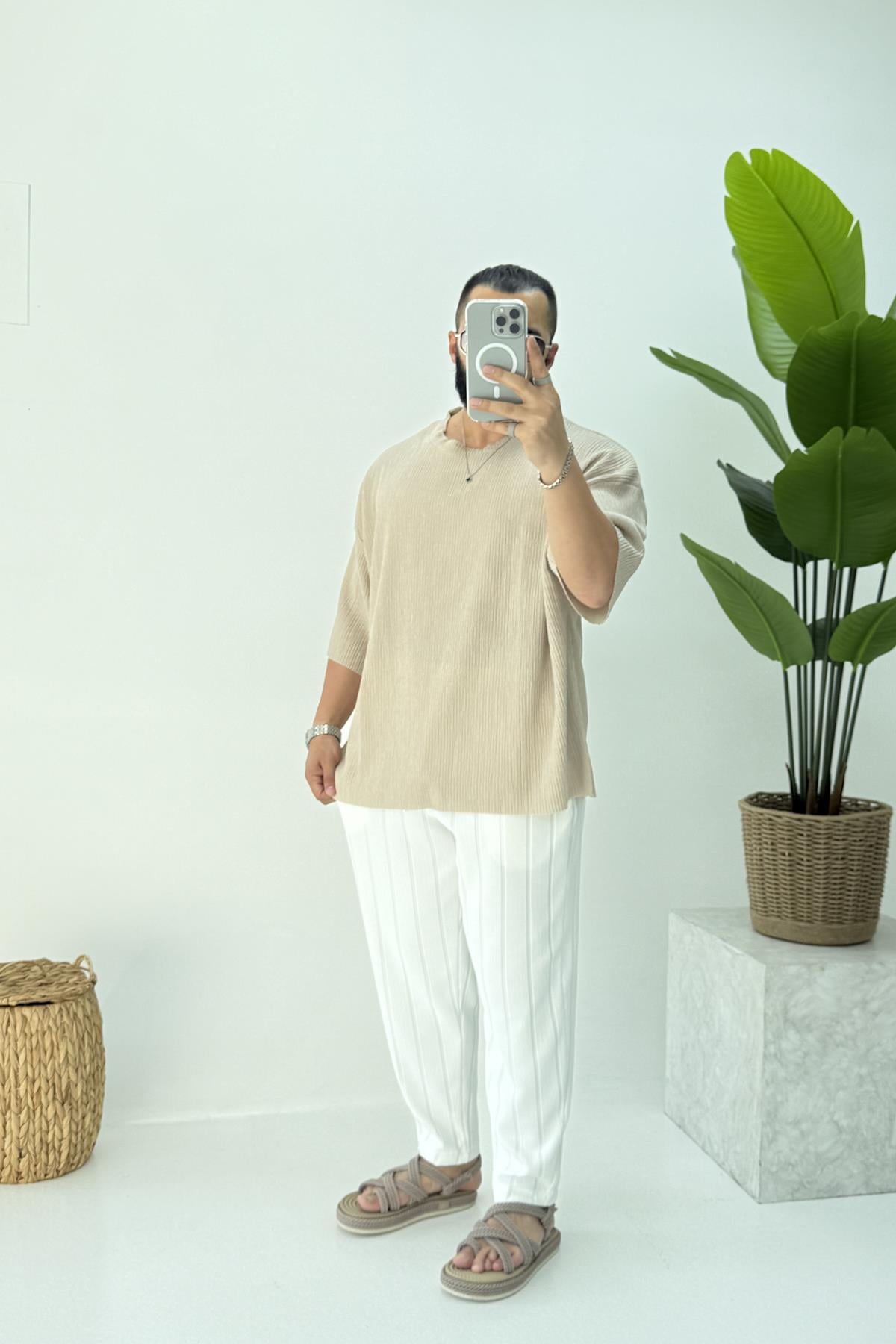 FAKİR KOL OVERSİZE KIRINKIL TSHİRT KREM