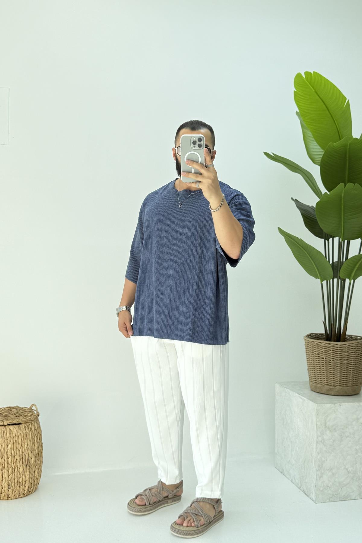 FAKİR KOL OVERSİZE KIRINKIL TSHİRT LACİVERT