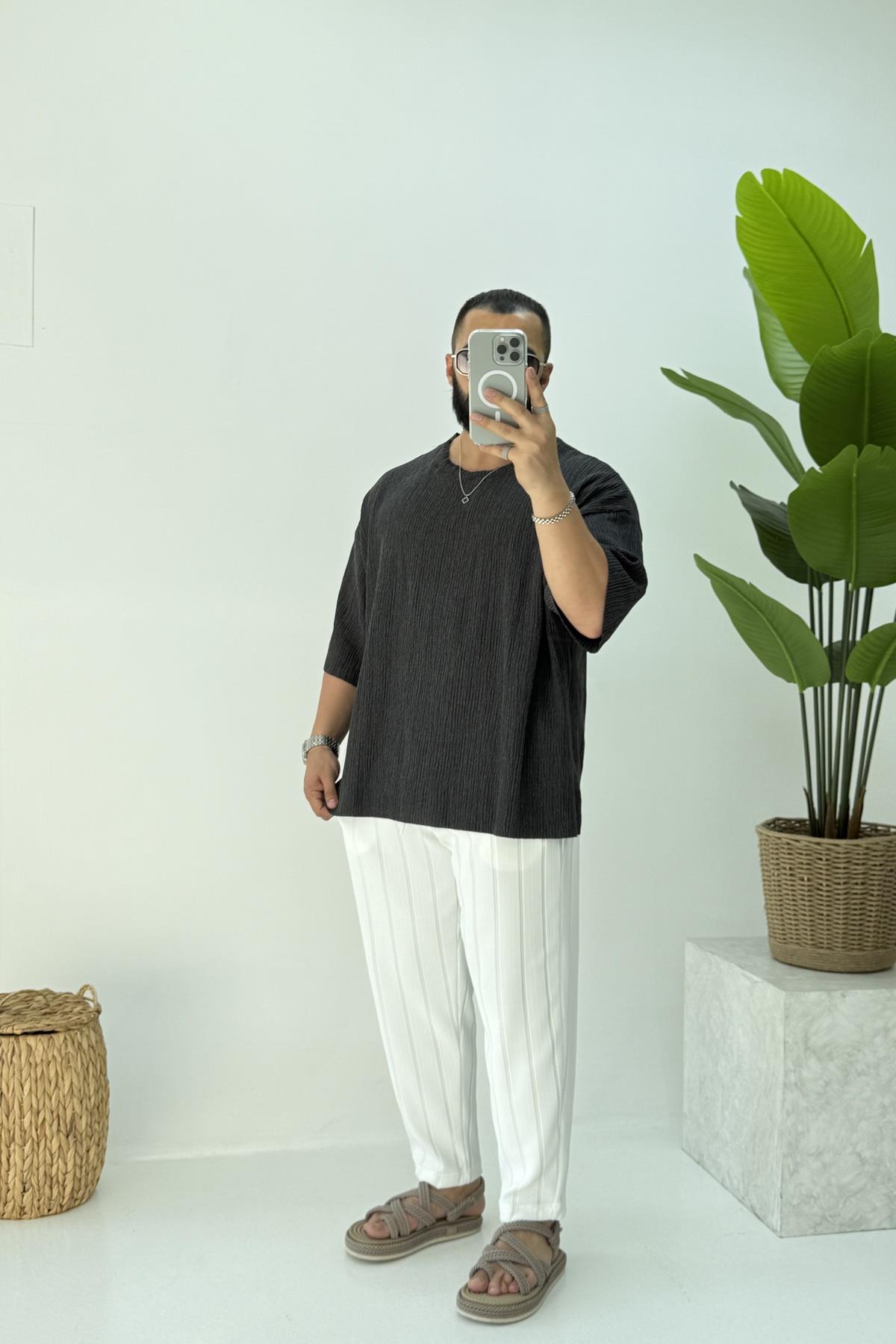 FAKİR KOL OVERSİZE KIRINKIL TSHİRT SİYAH