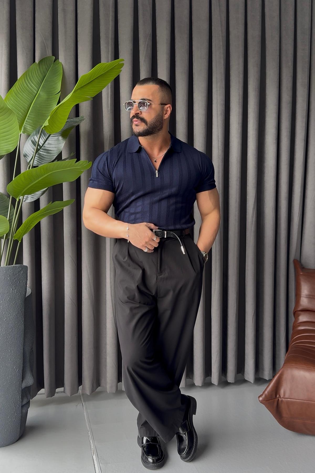 FERMUAR  DETAYLI İNCE ÇİGİLİ LACİVERT