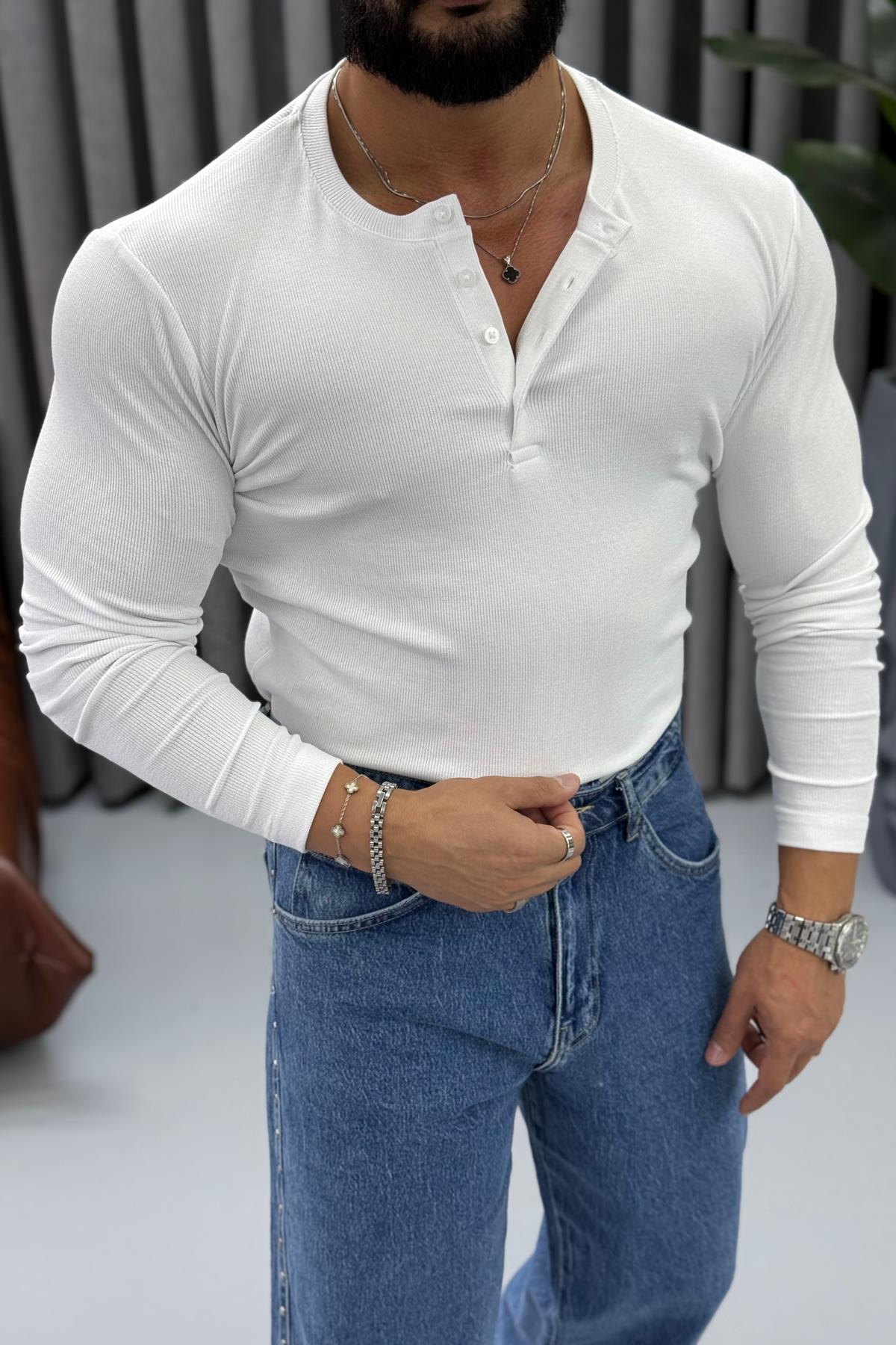 FİTİLLİ ÜÇ DÜĞMELİ BADİ BEYAZ