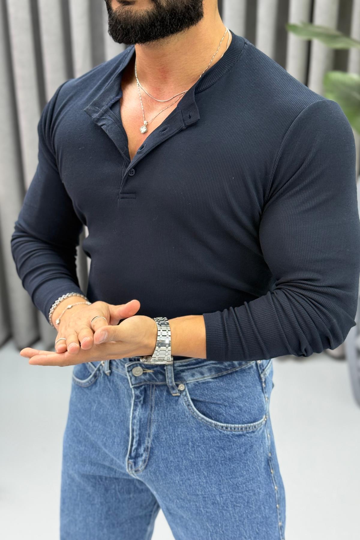 FİTİLLİ ÜÇ DÜĞMELİ BADİ LACİVERT