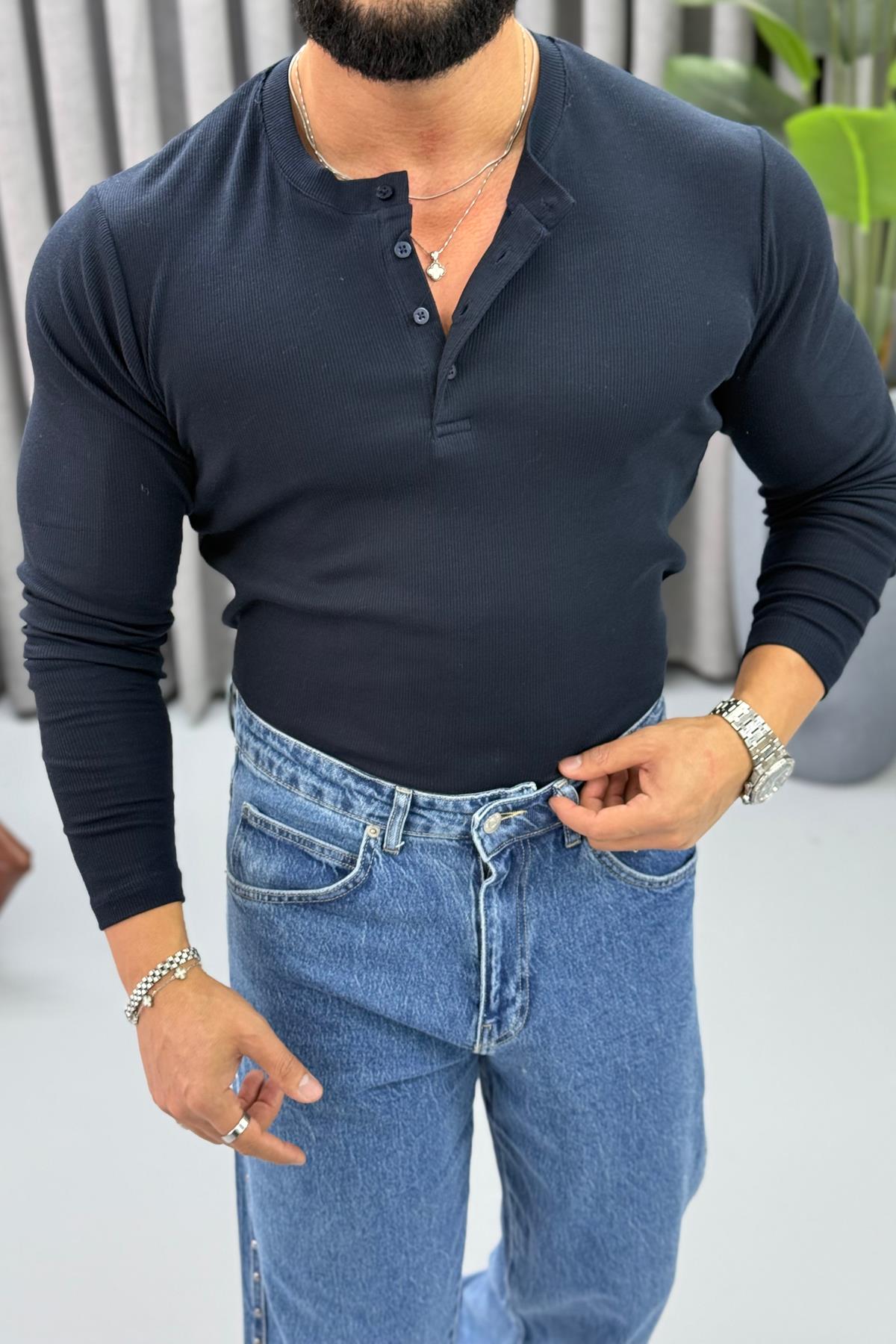 FİTİLLİ ÜÇ DÜĞMELİ BADİ LACİVERT