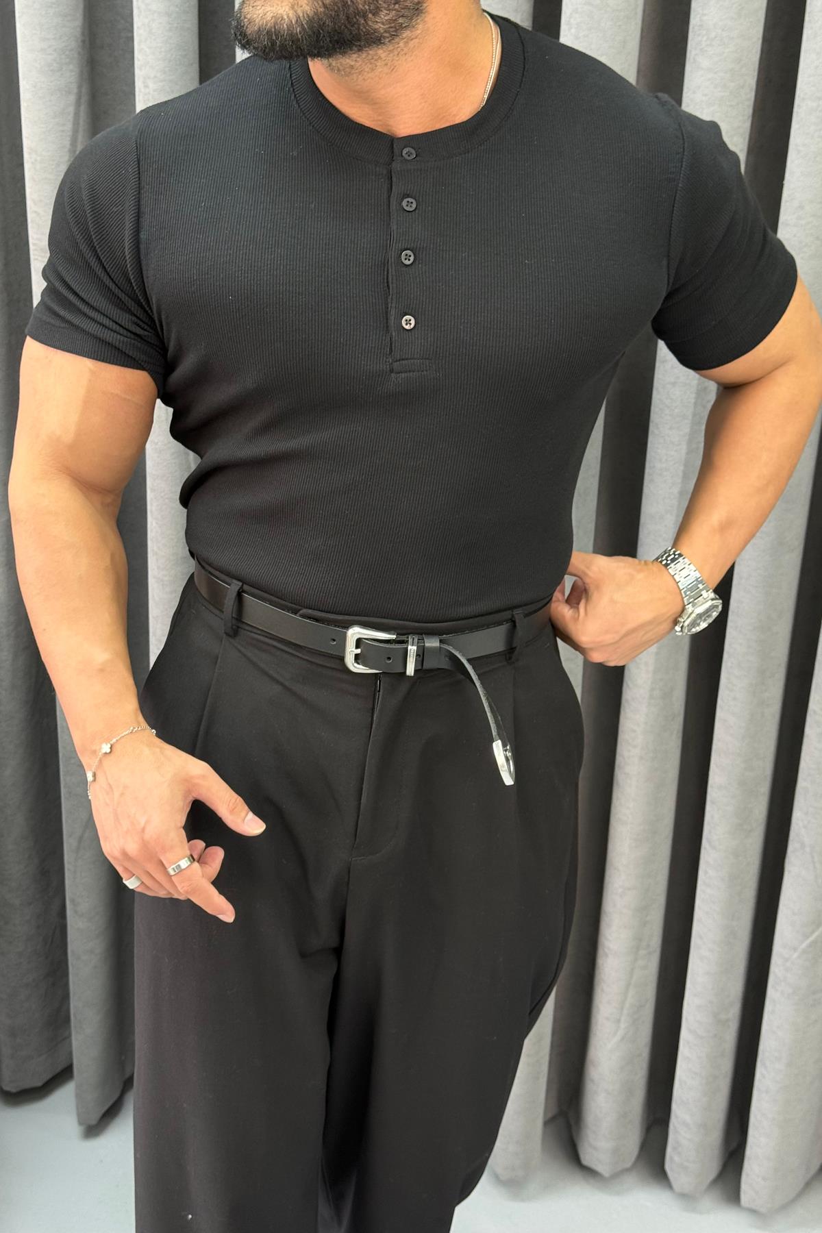 FİTİLLİ ÜÇ DÜĞMELİ BADİ SİYAH