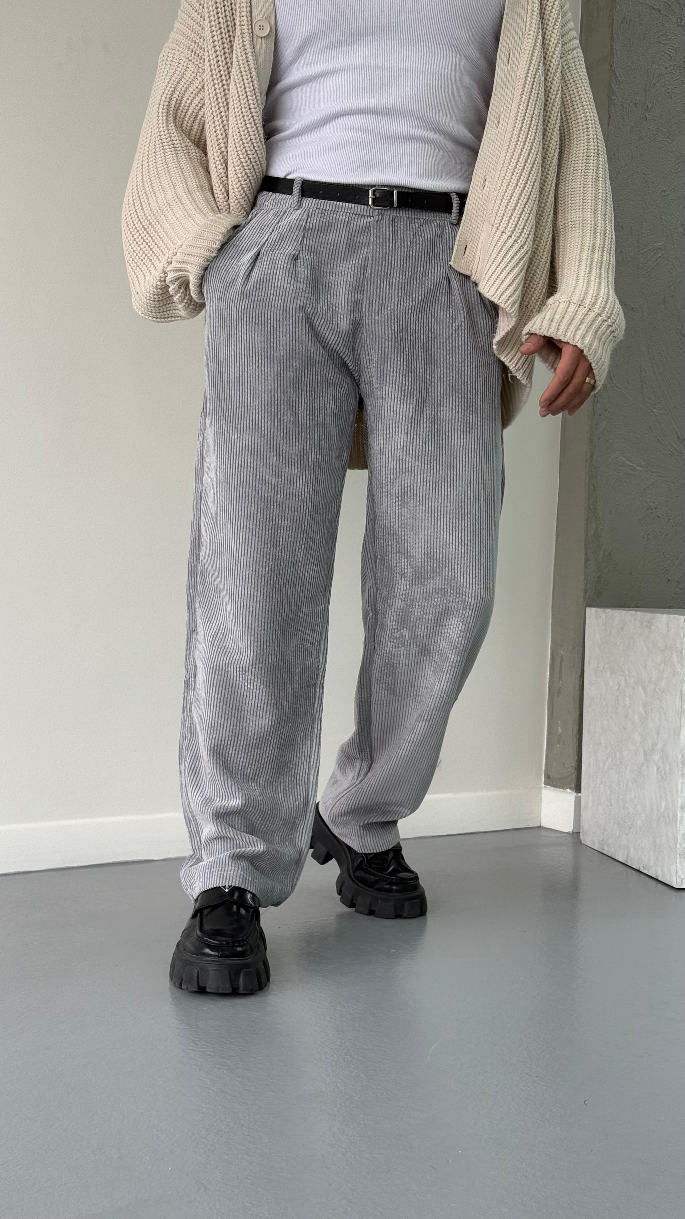 Gri Kadife Baggy Pantolon