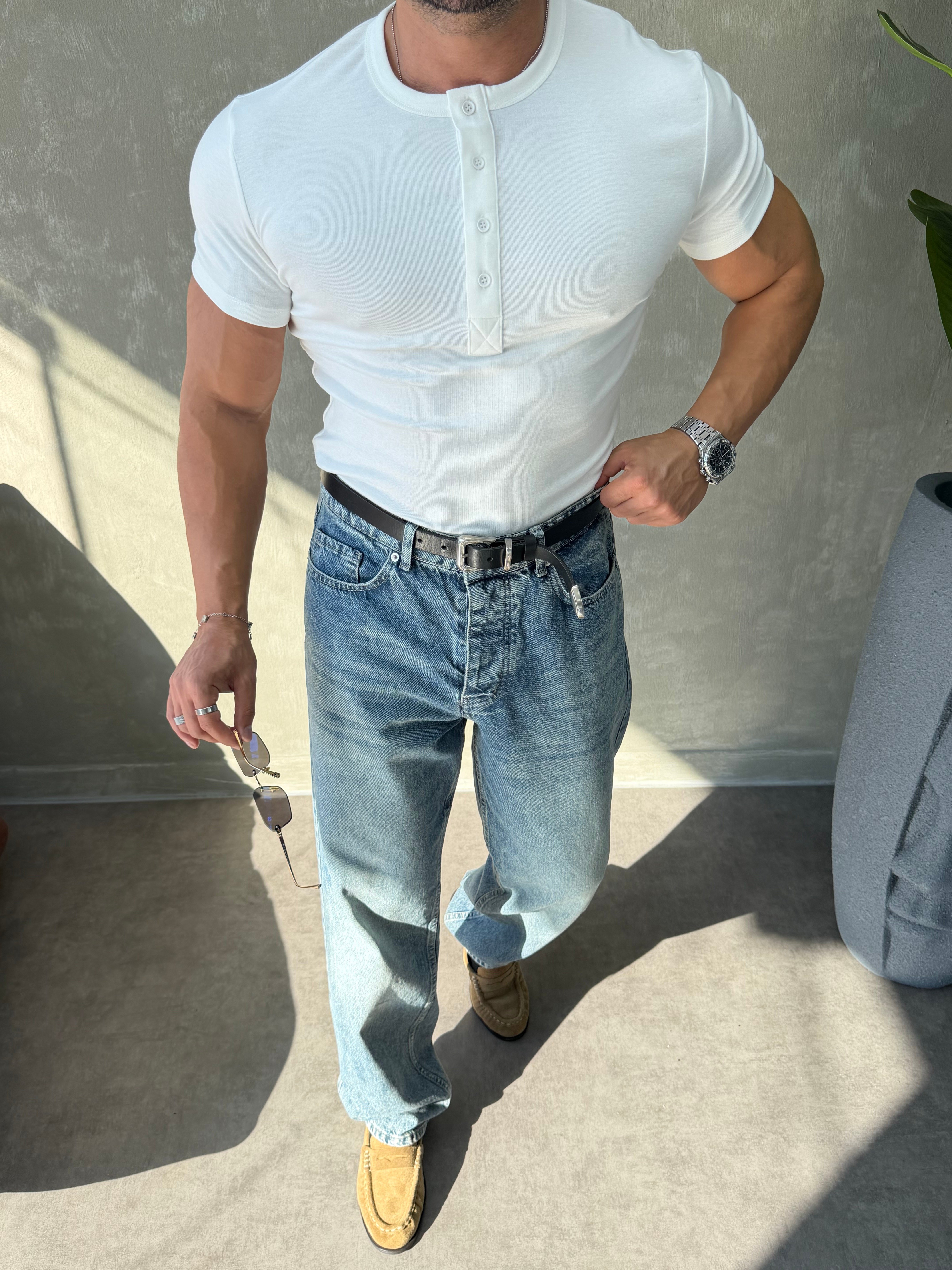 HENLEY YAKA DÜĞMELİ  SLİMFİT T-SHİRT BEYAZ