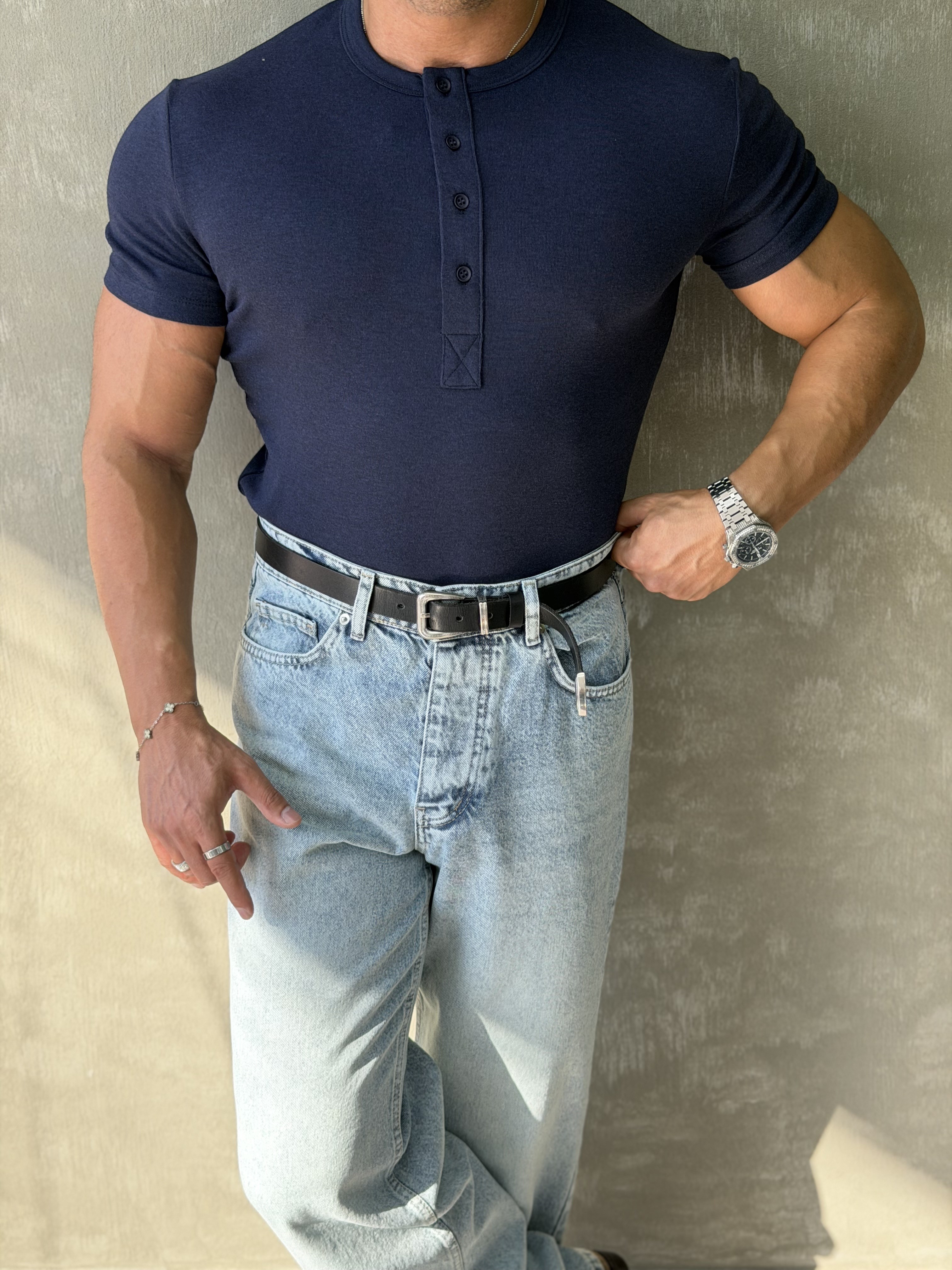 HENLEY YAKA DÜĞMELİ  SLİMFİT T-SHİRT LACİVERT