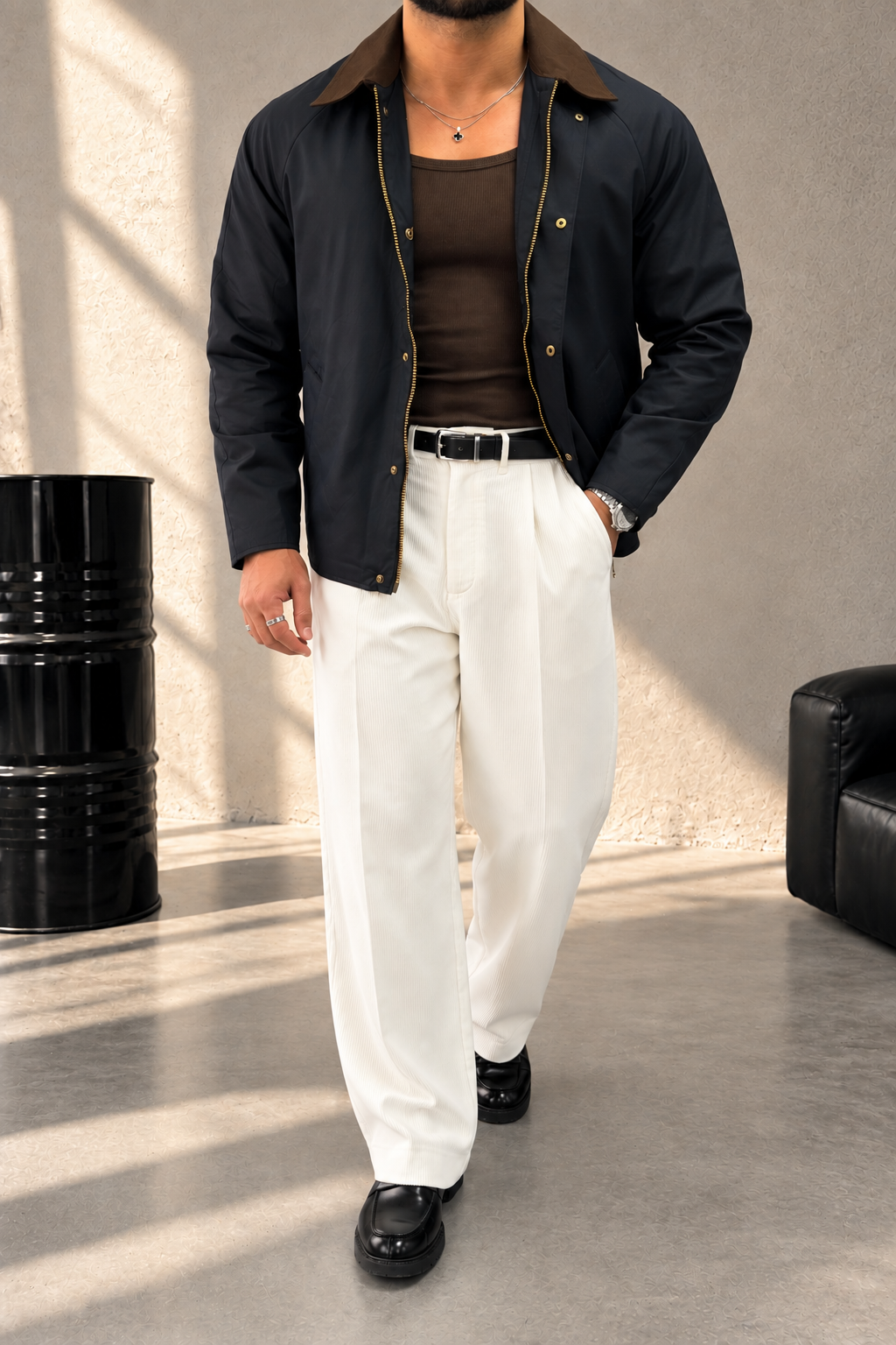 KAHVERENGİ YAKA DETAYLI CASUAL CEKET LACİVERT 