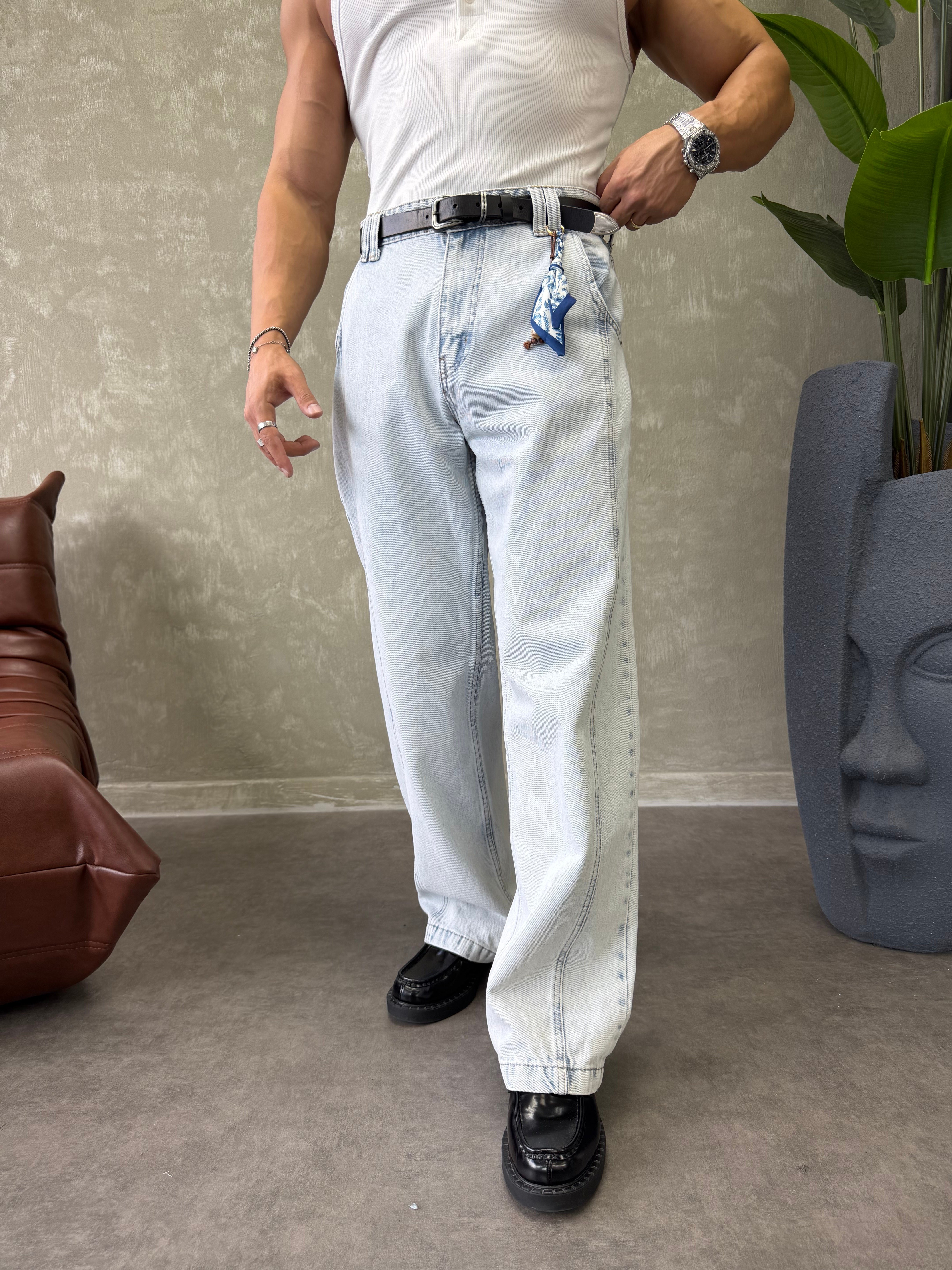 KONTRAST DİKİŞLİ TASARIM BAGGY JEAN BUZ MAVİSİ