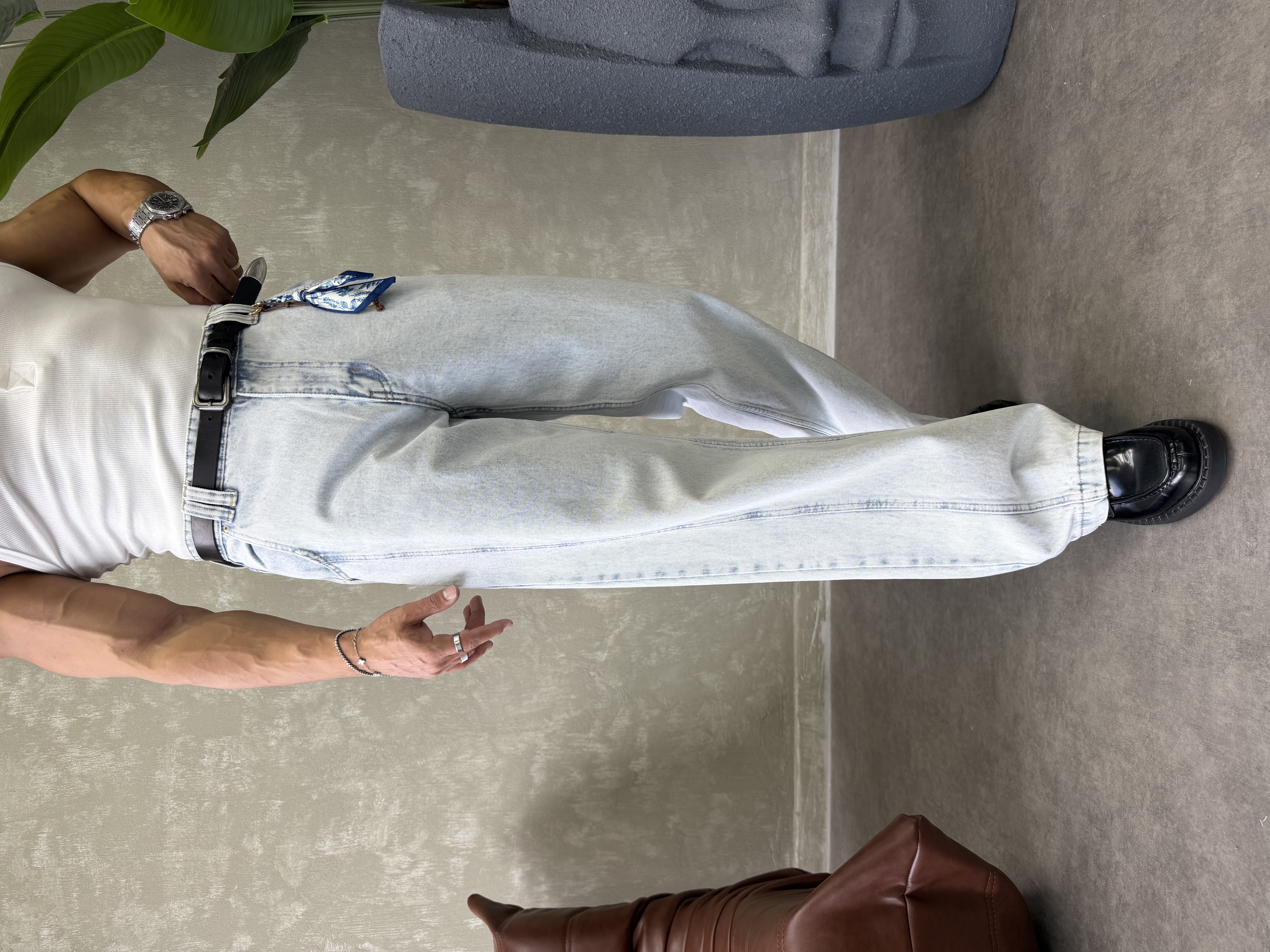 KONTRAST DİKİŞLİ TASARIM BAGGY JEAN BUZ MAVİSİ