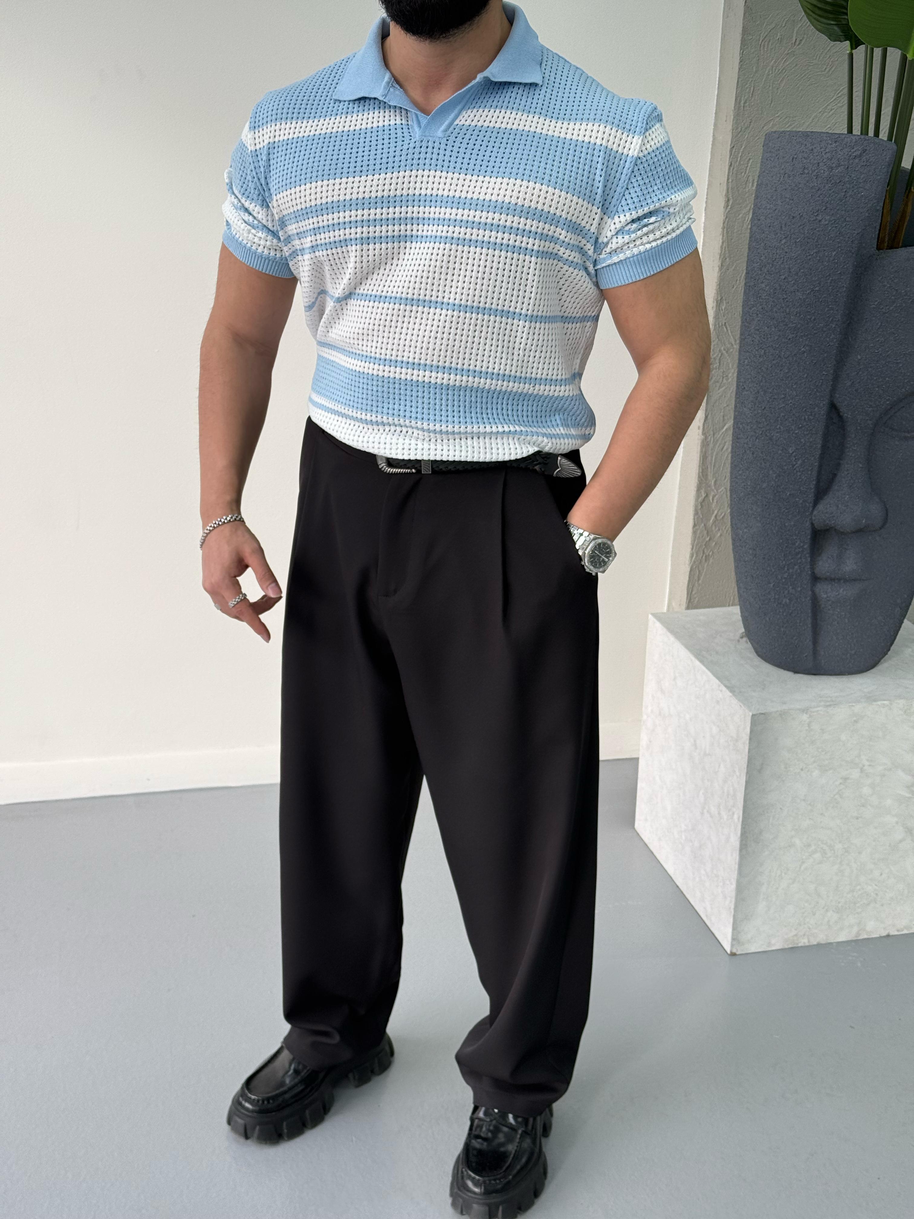 Premium Çizgi Detaylı Polo Yaka T-Shirt Mavi