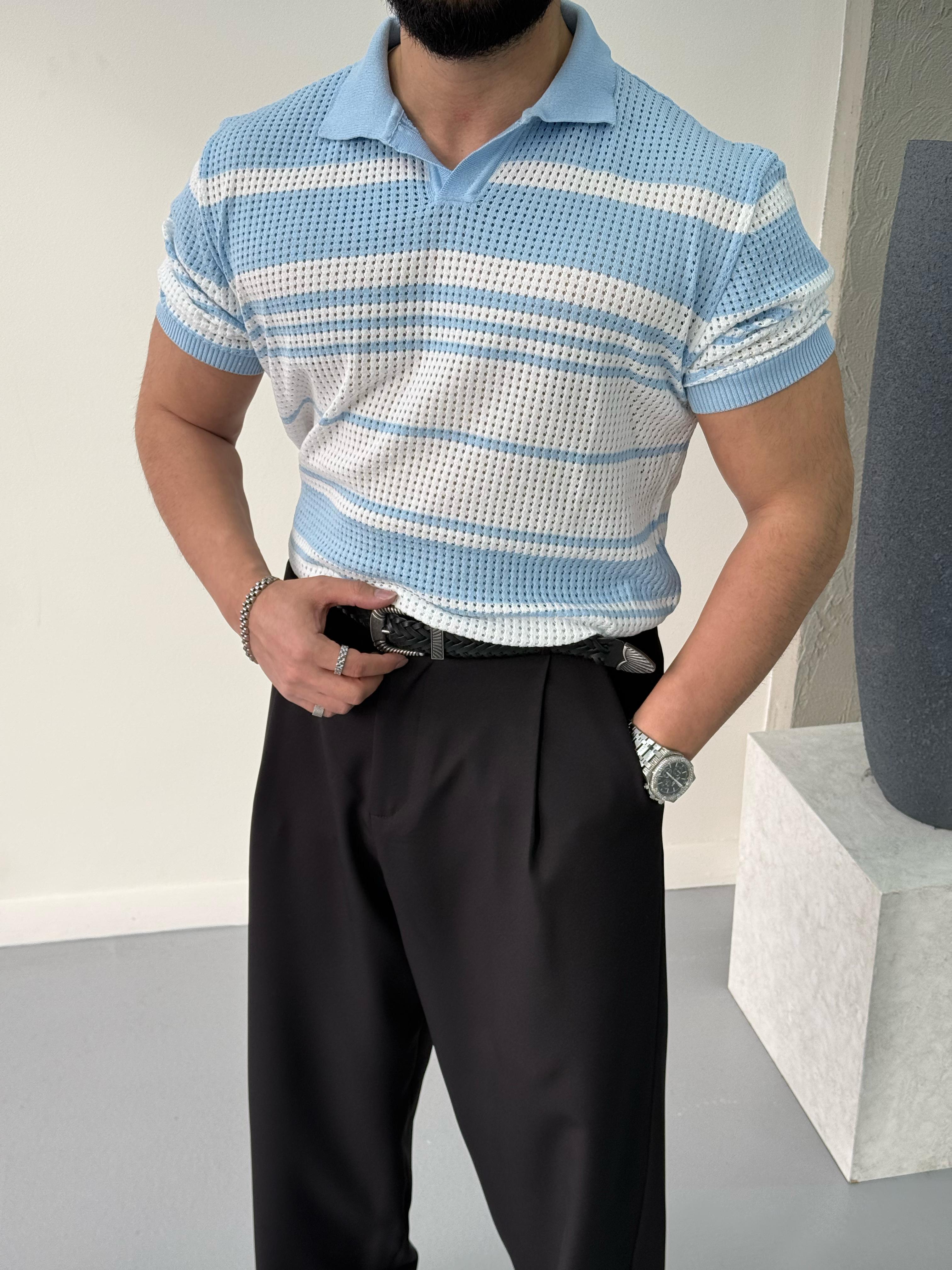 Premium Çizgi Detaylı Polo Yaka T-Shirt Mavi