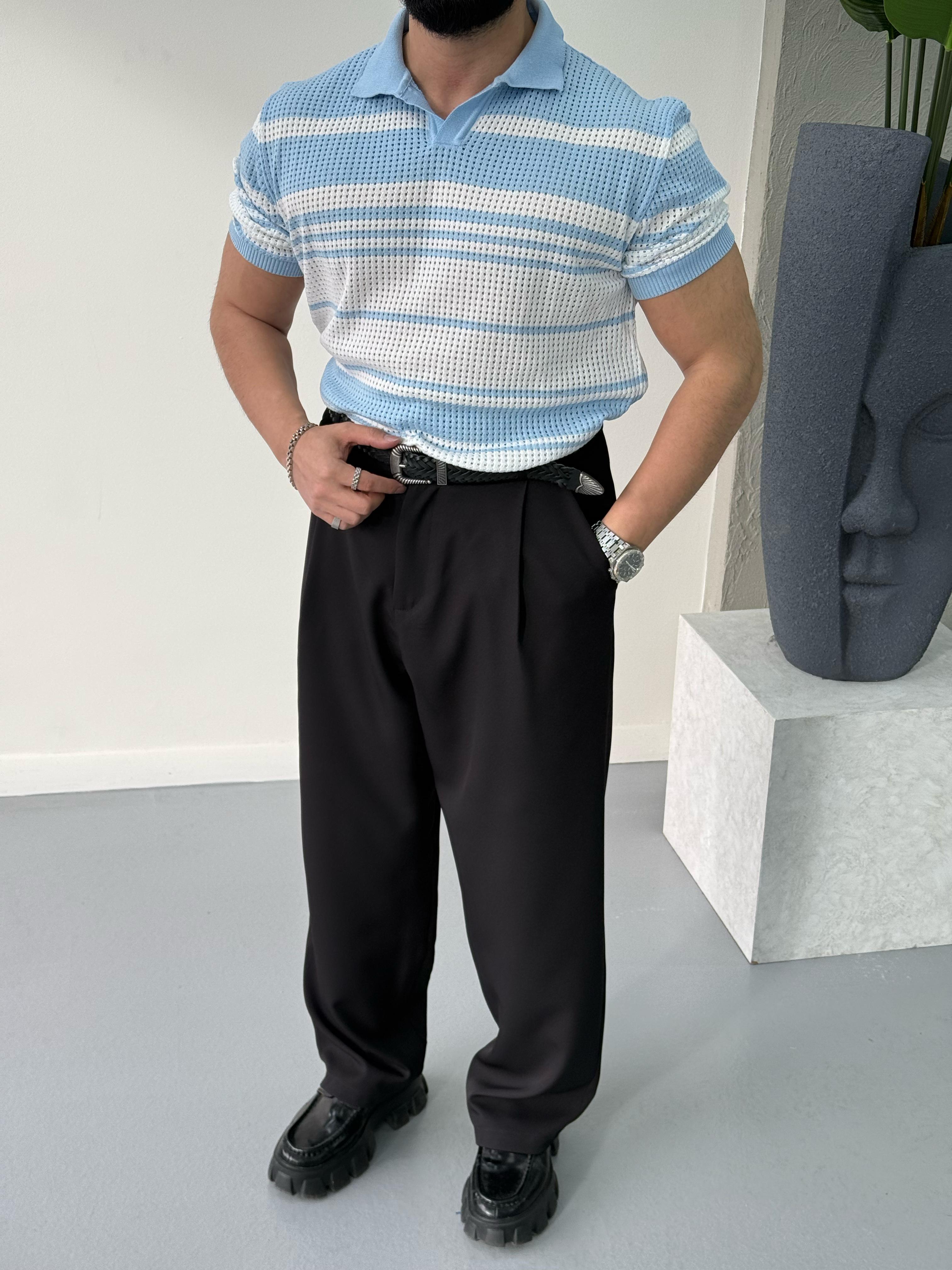 Premium Çizgi Detaylı Polo Yaka T-Shirt Mavi