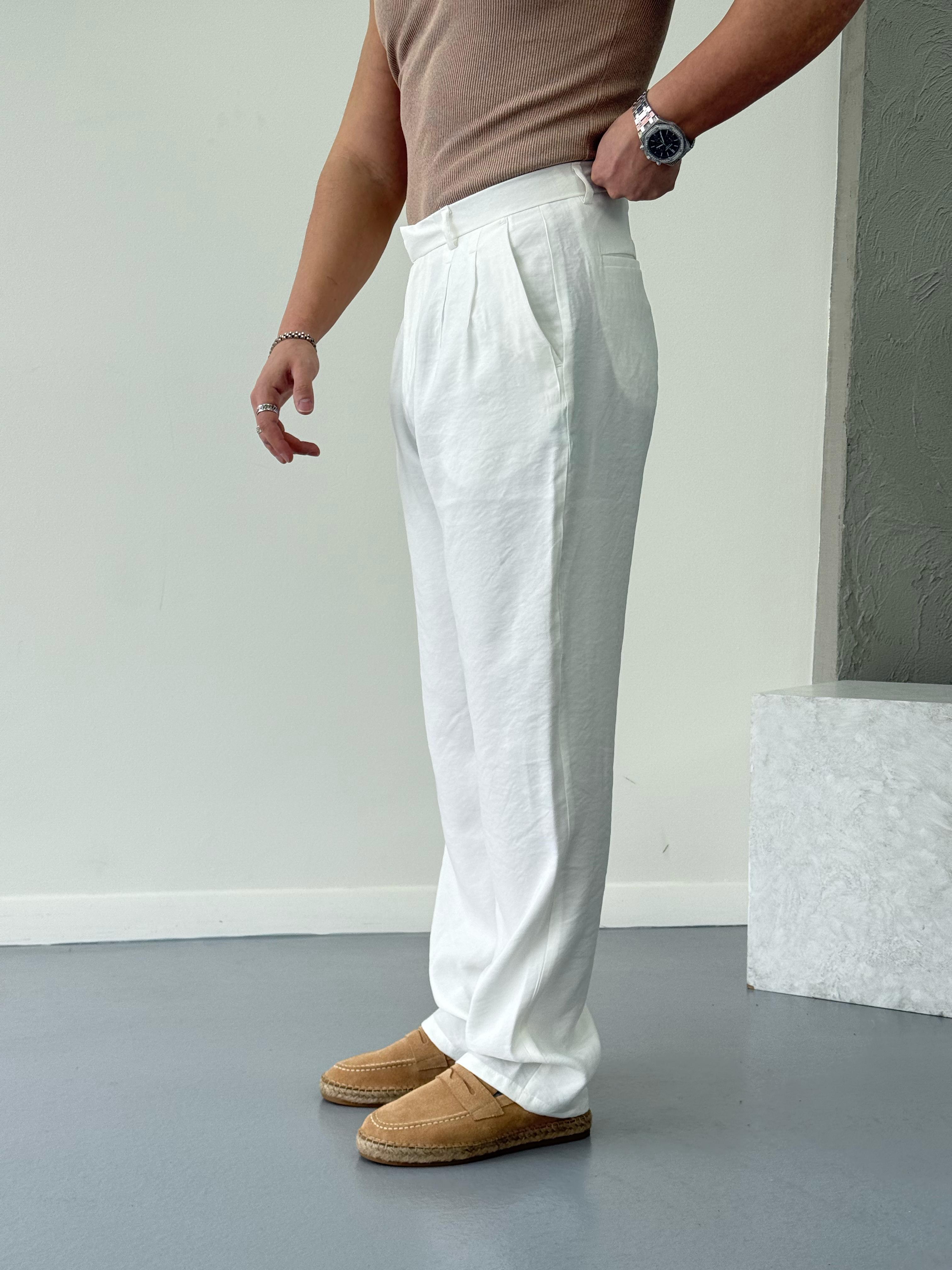 Modal Kumaş Baggy Pantolon Beyaz