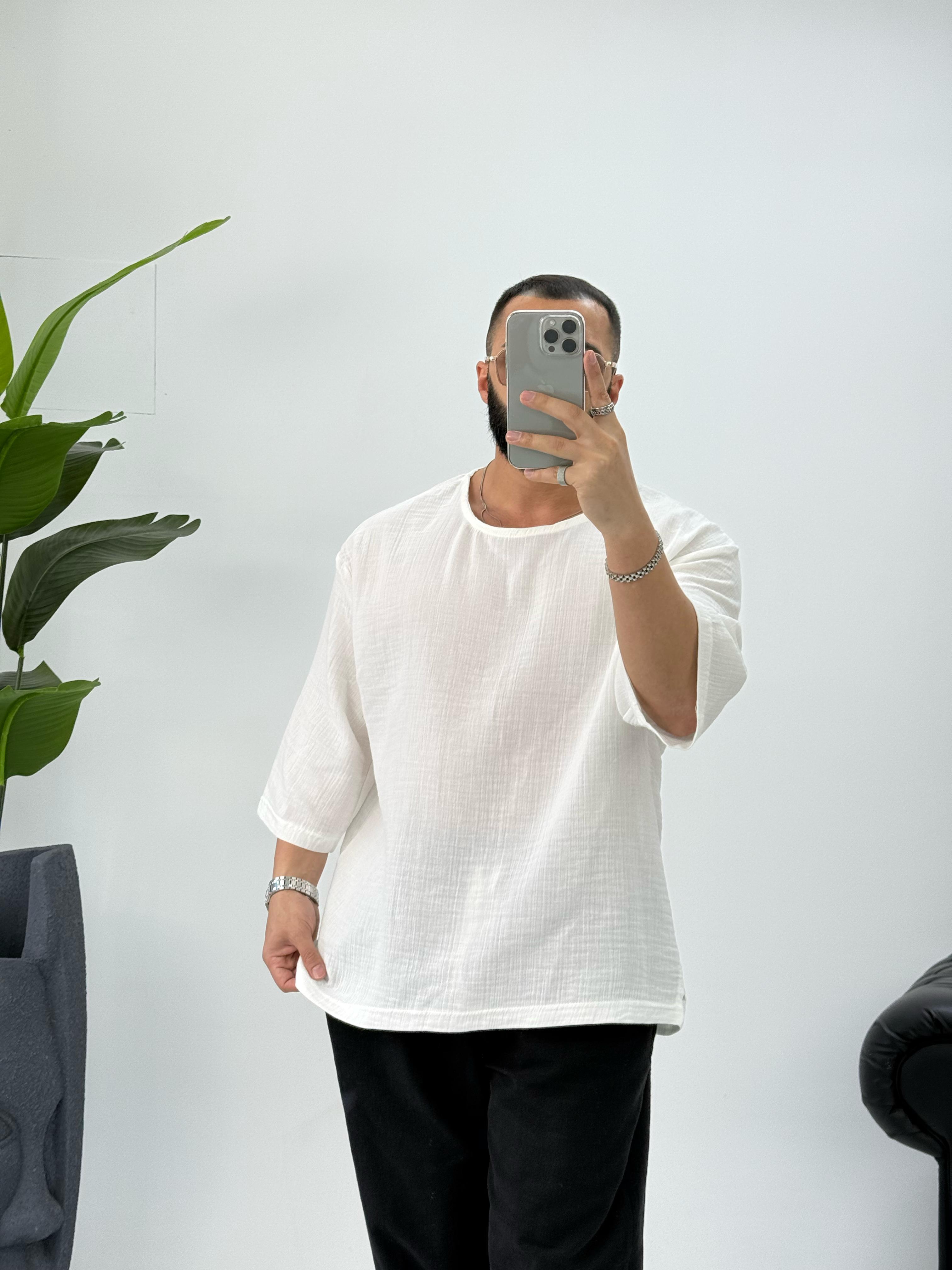 Müslin Kumaş Fakir Kol T-Shirt Beyaz