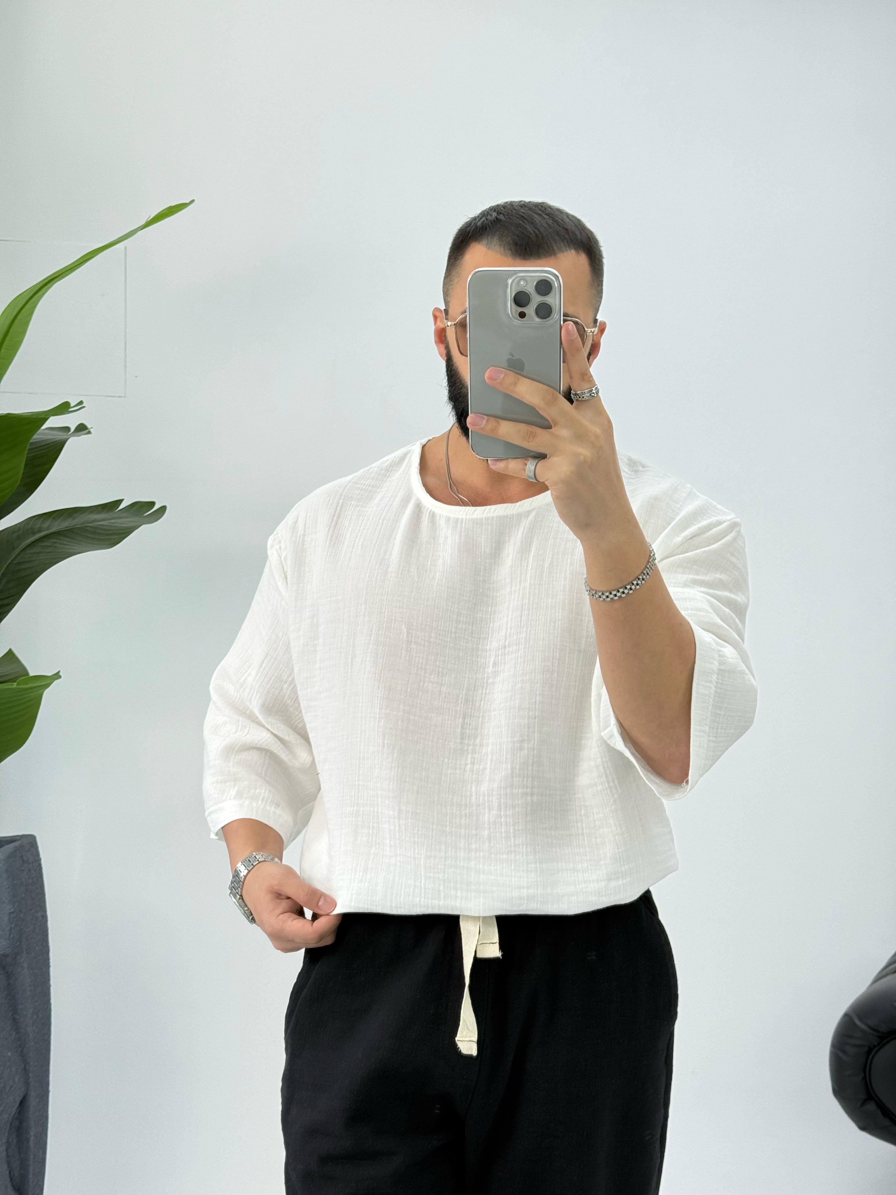 Müslin Kumaş Fakir Kol T-Shirt Beyaz
