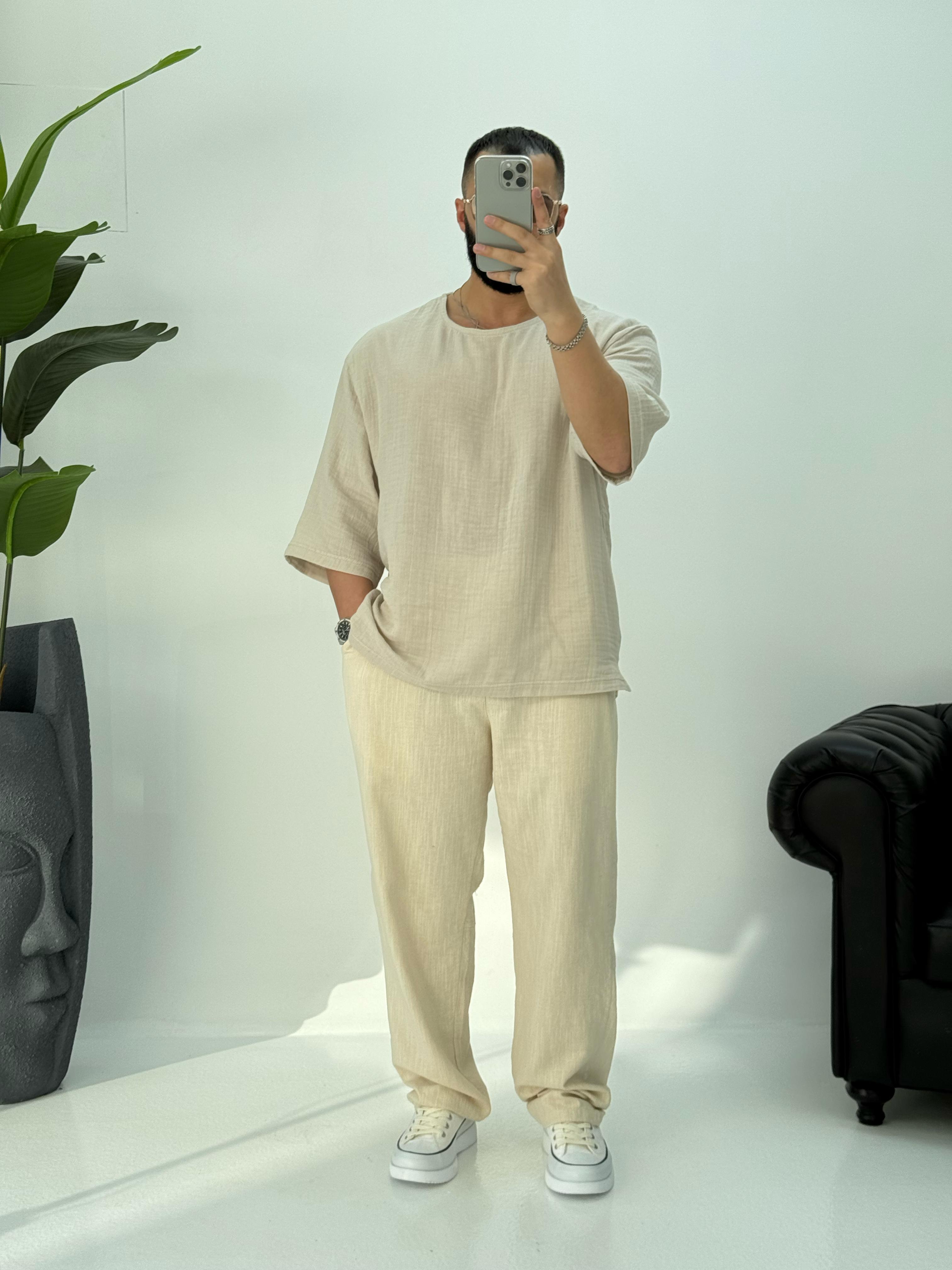 Müslin Kumaş Fakir Kol T-Shirt Krem