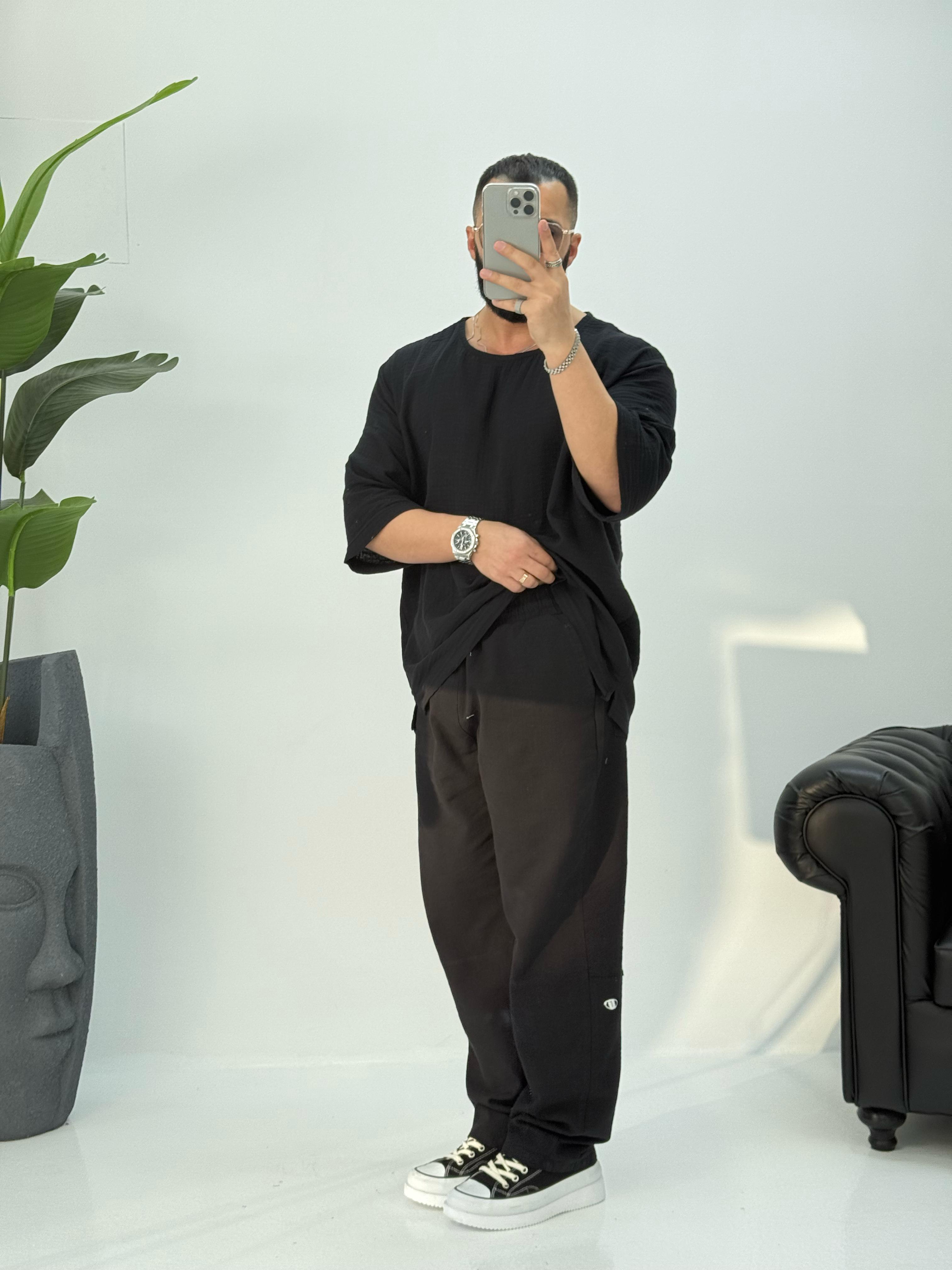 Müslin Kumaş Fakir Kol T-Shirt Siyah