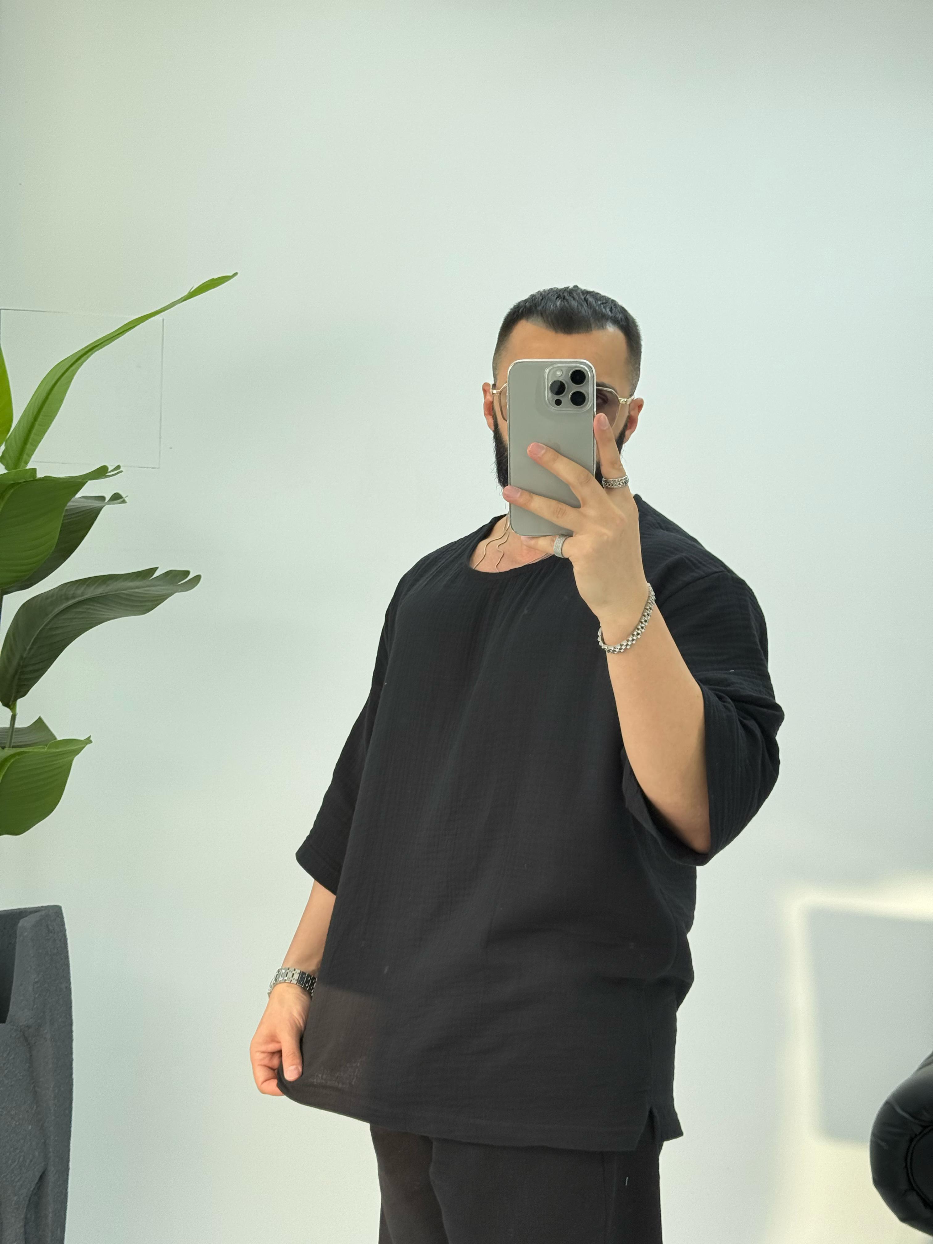 Müslin Kumaş Fakir Kol T-Shirt Siyah