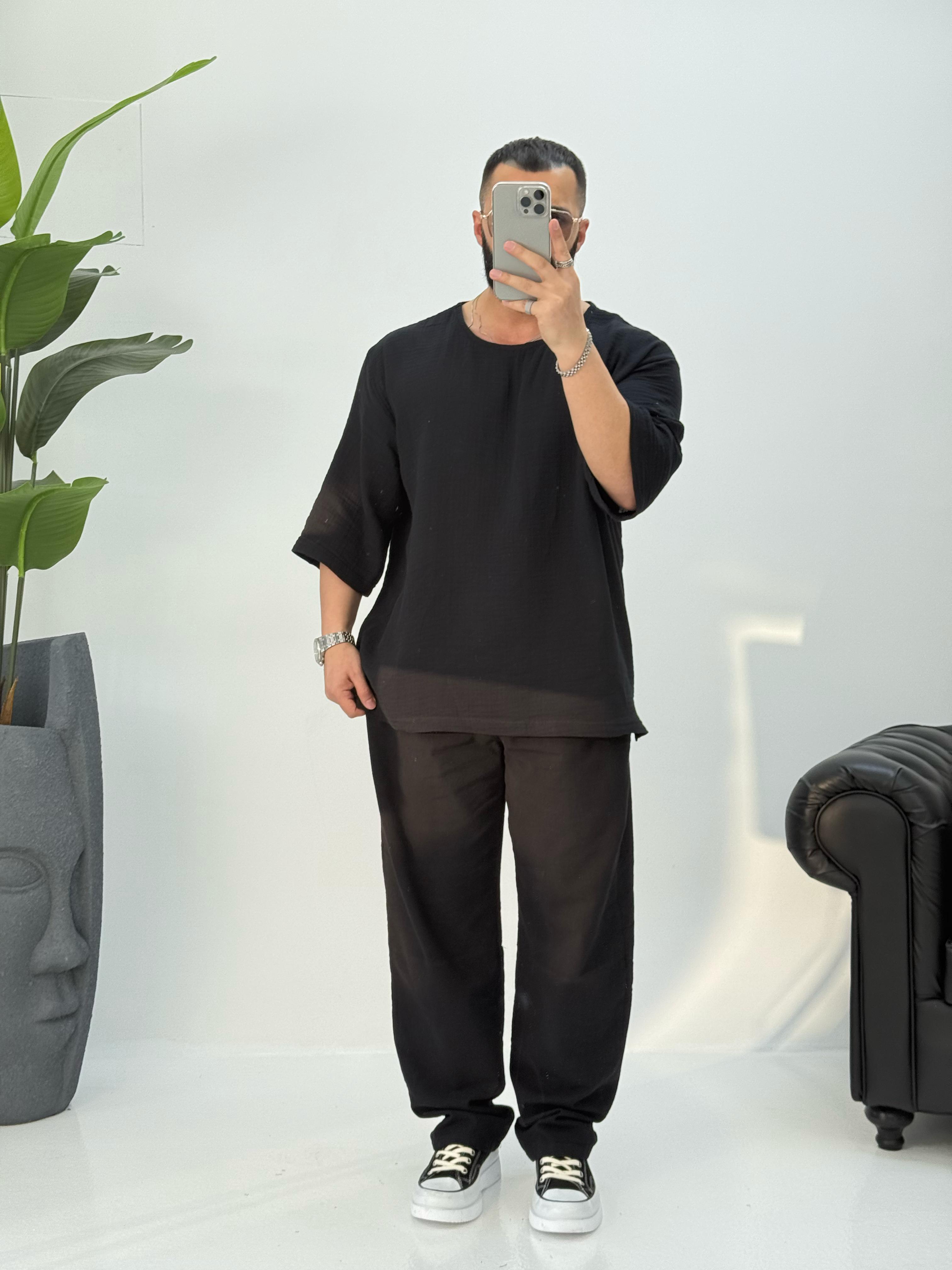 Müslin Kumaş Fakir Kol T-Shirt Siyah