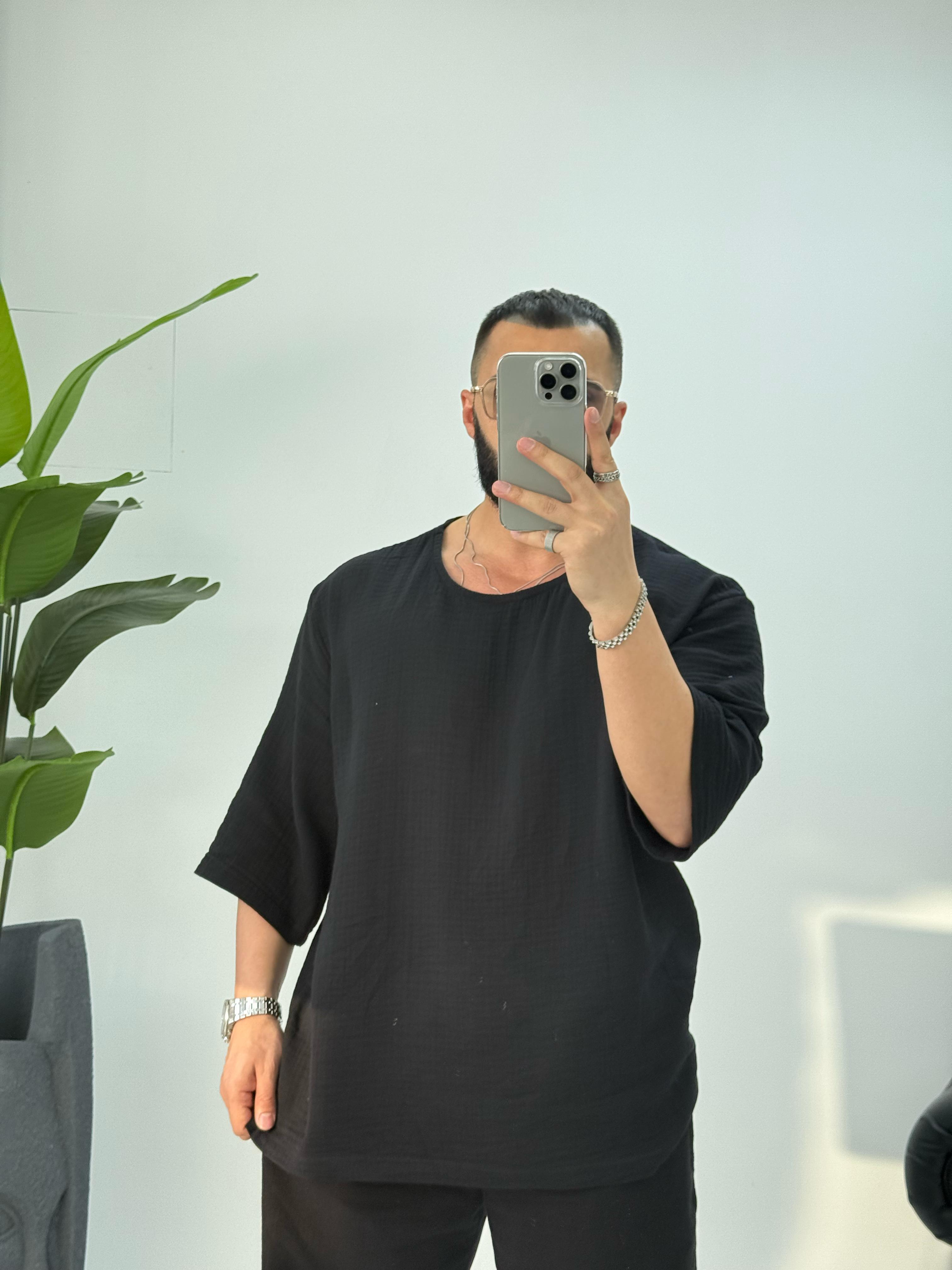 Müslin Kumaş Fakir Kol T-Shirt Siyah