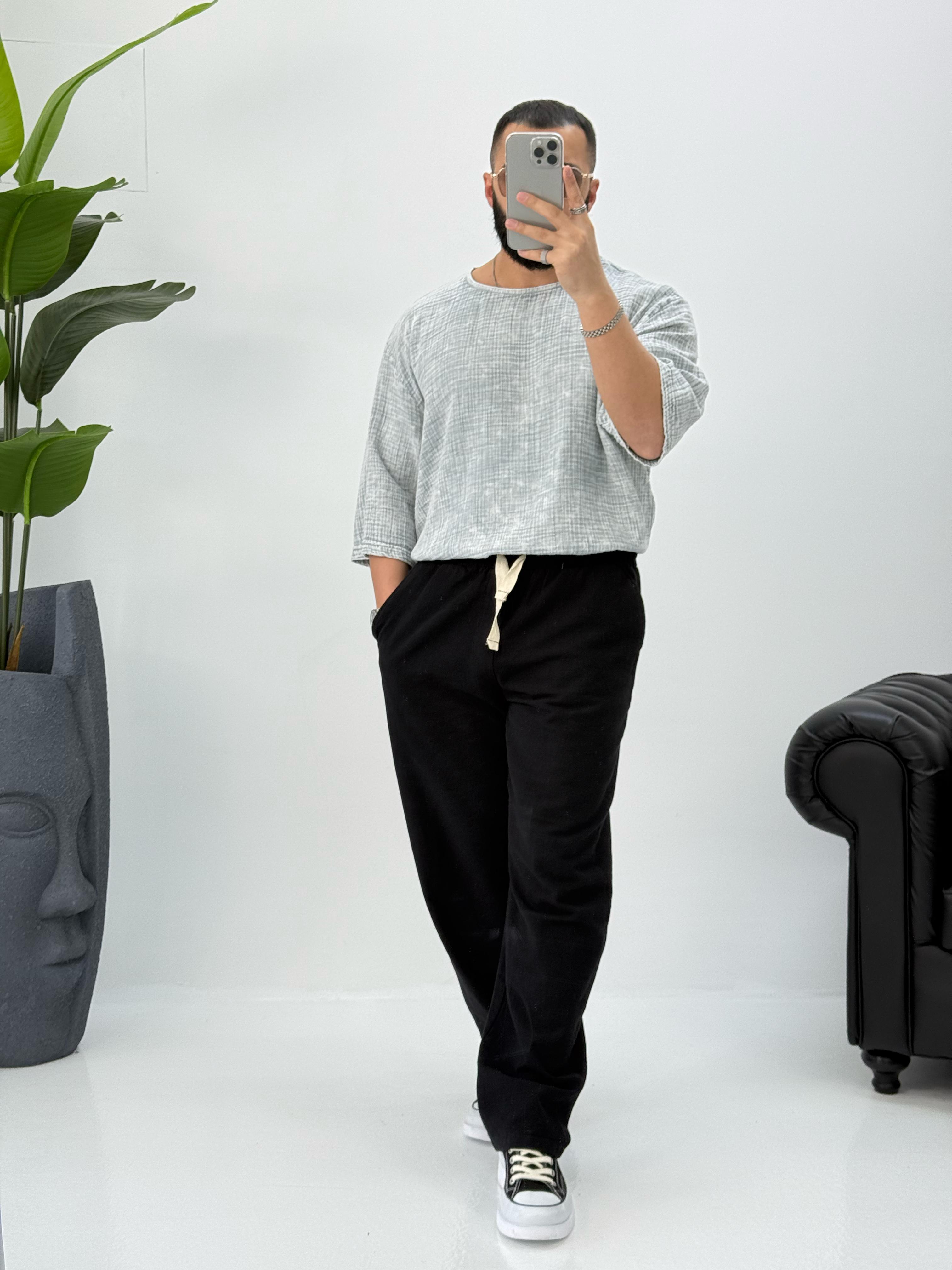 Müslin Kumaş Fakir Kol T-Shirt Yıkamalı Gri