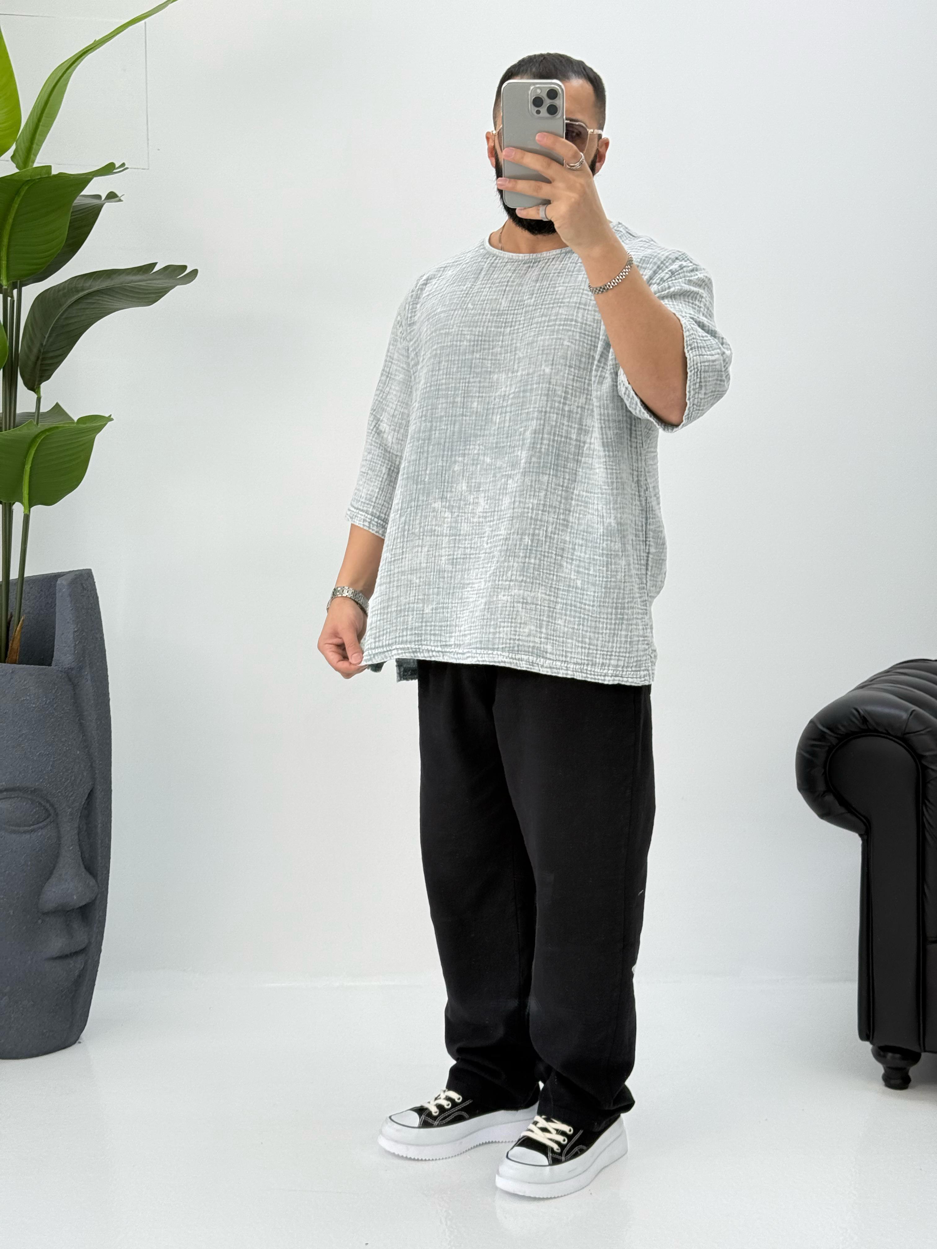 Müslin Kumaş Fakir Kol T-Shirt Yıkamalı Gri