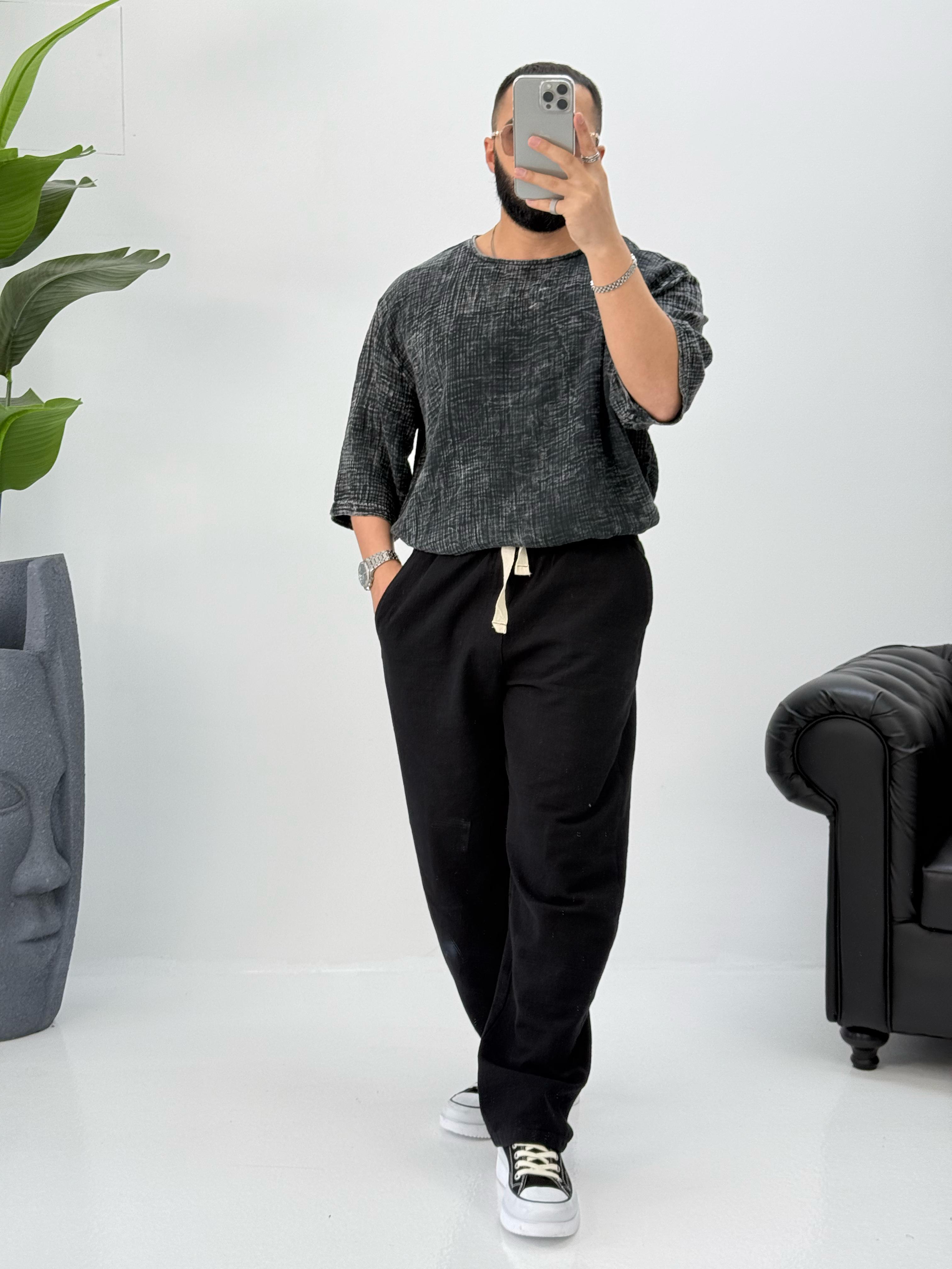 Müslin Kumaş Fakir Kol T-Shirt Yıkamalı Füme