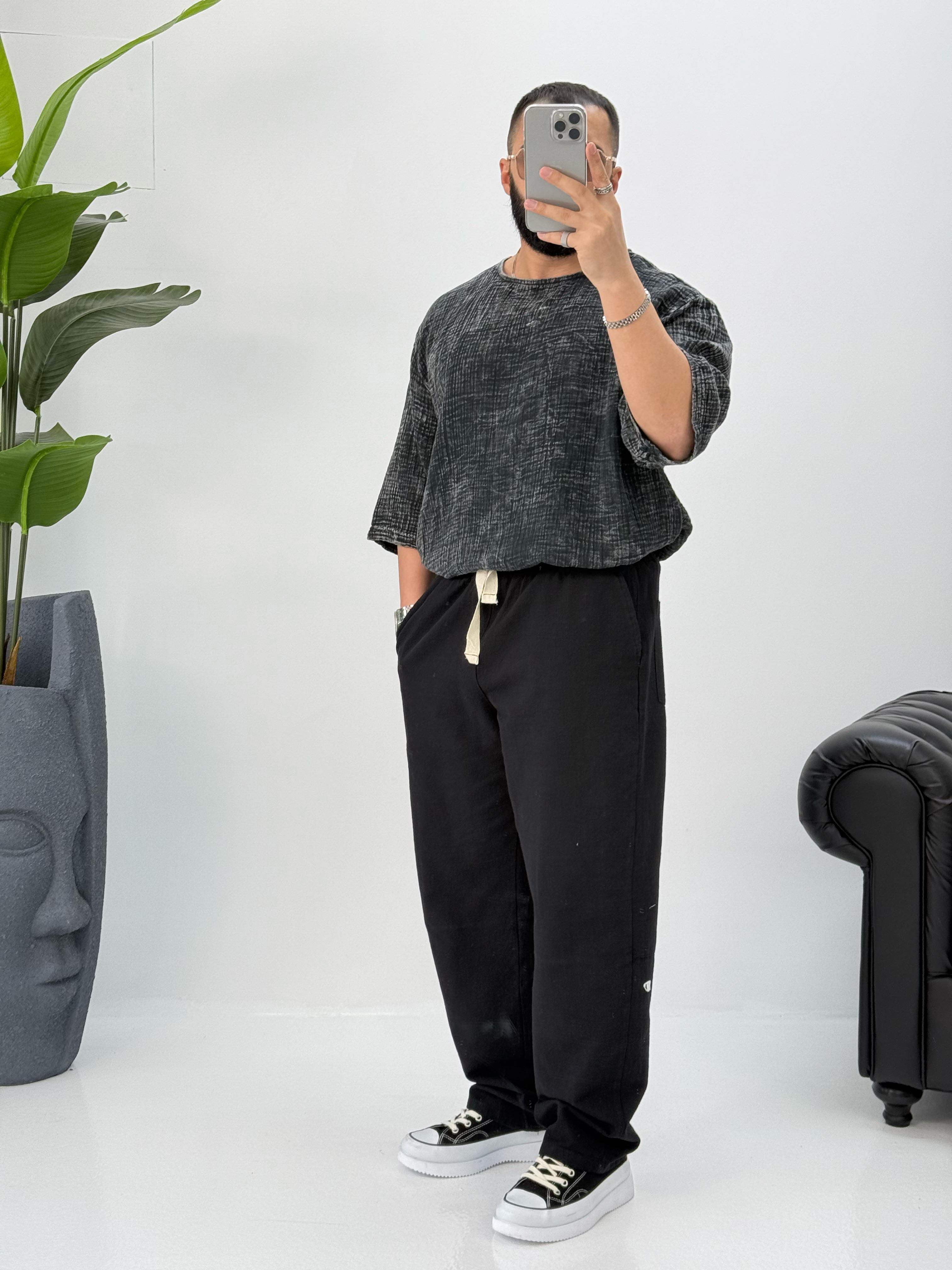 Müslin Kumaş Fakir Kol T-Shirt Yıkamalı Füme