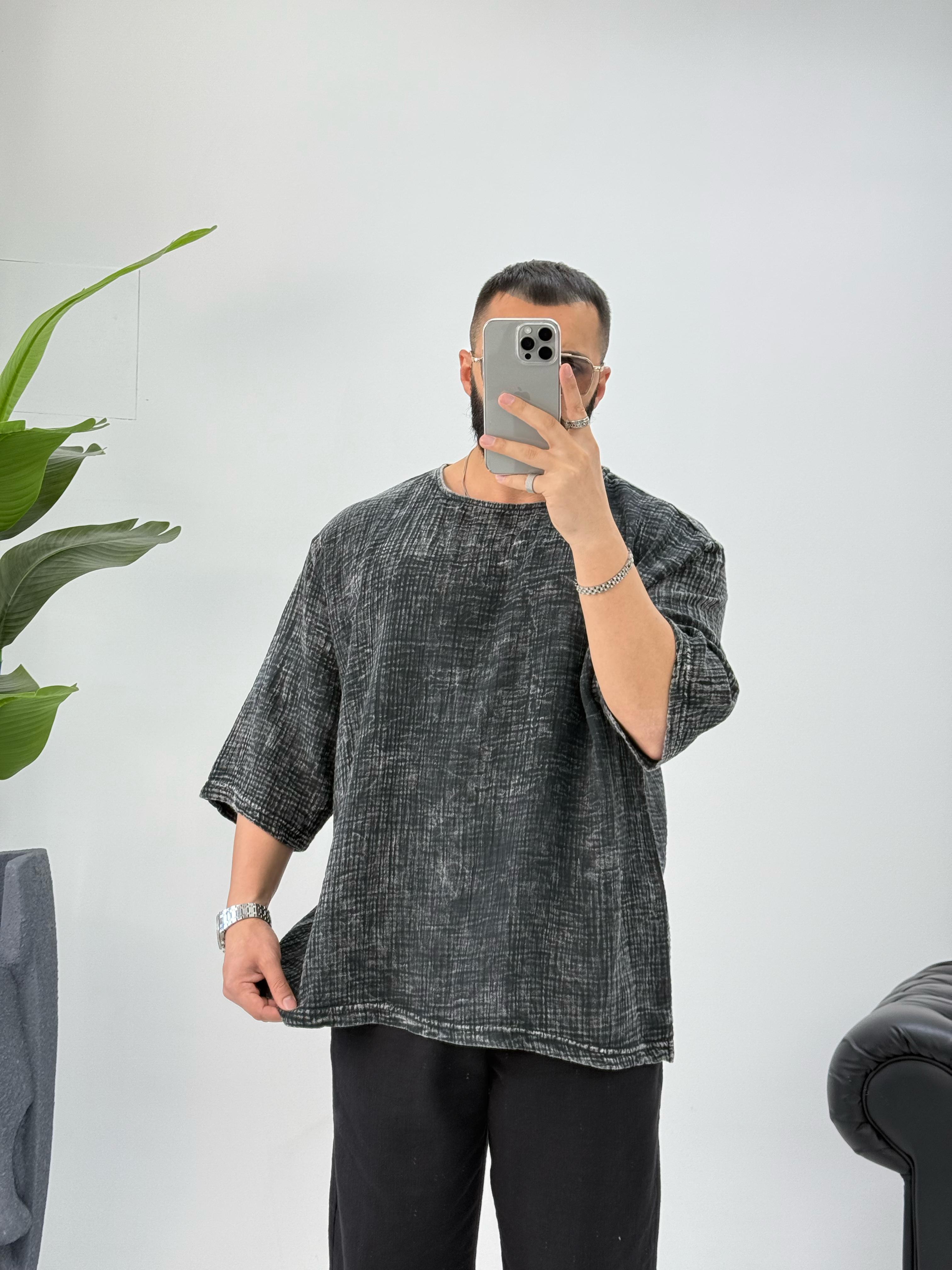 Müslin Kumaş Fakir Kol T-Shirt Yıkamalı Füme