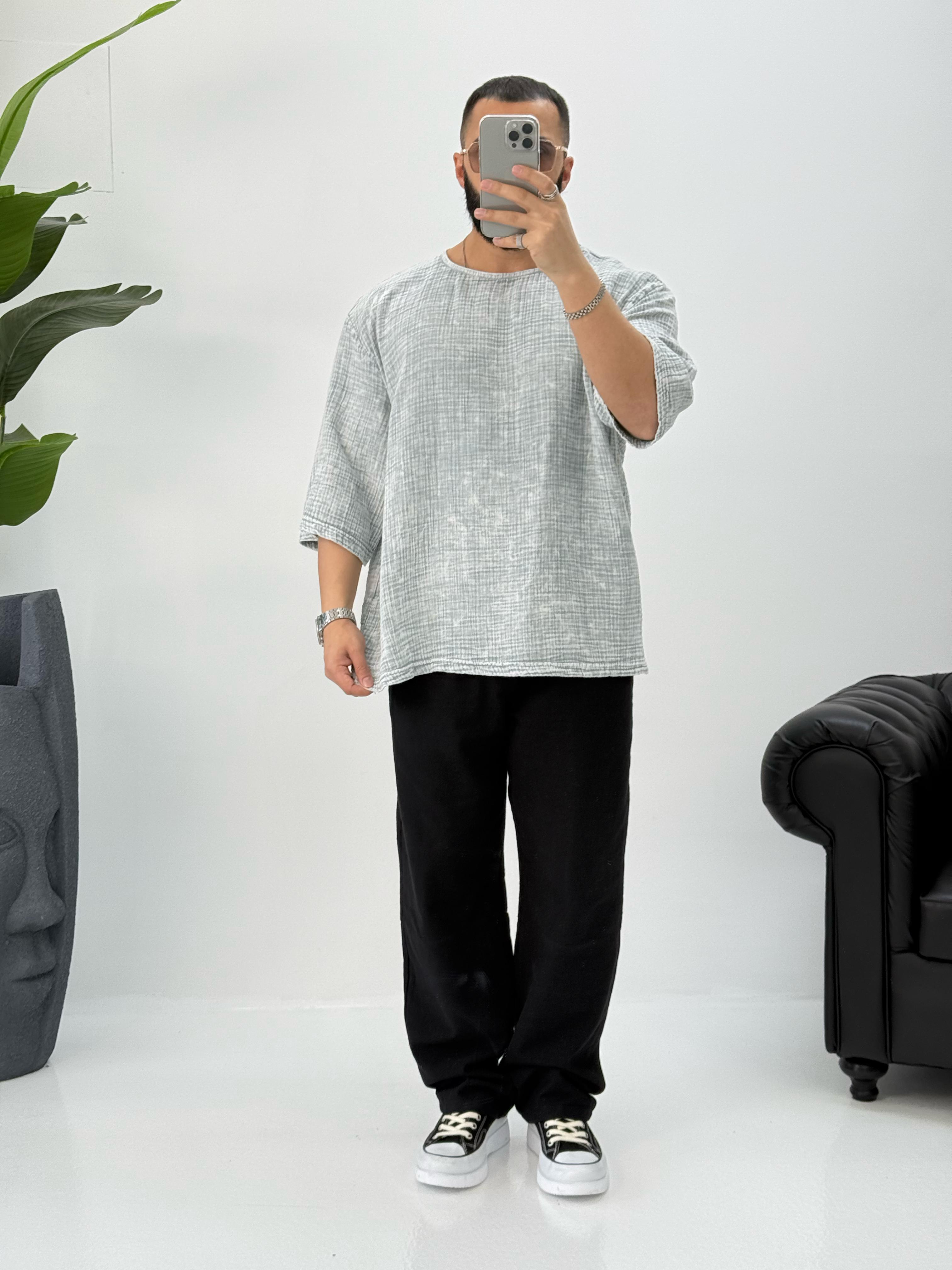 Müslin Kumaş Fakir Kol T-Shirt Yıkamalı Gri