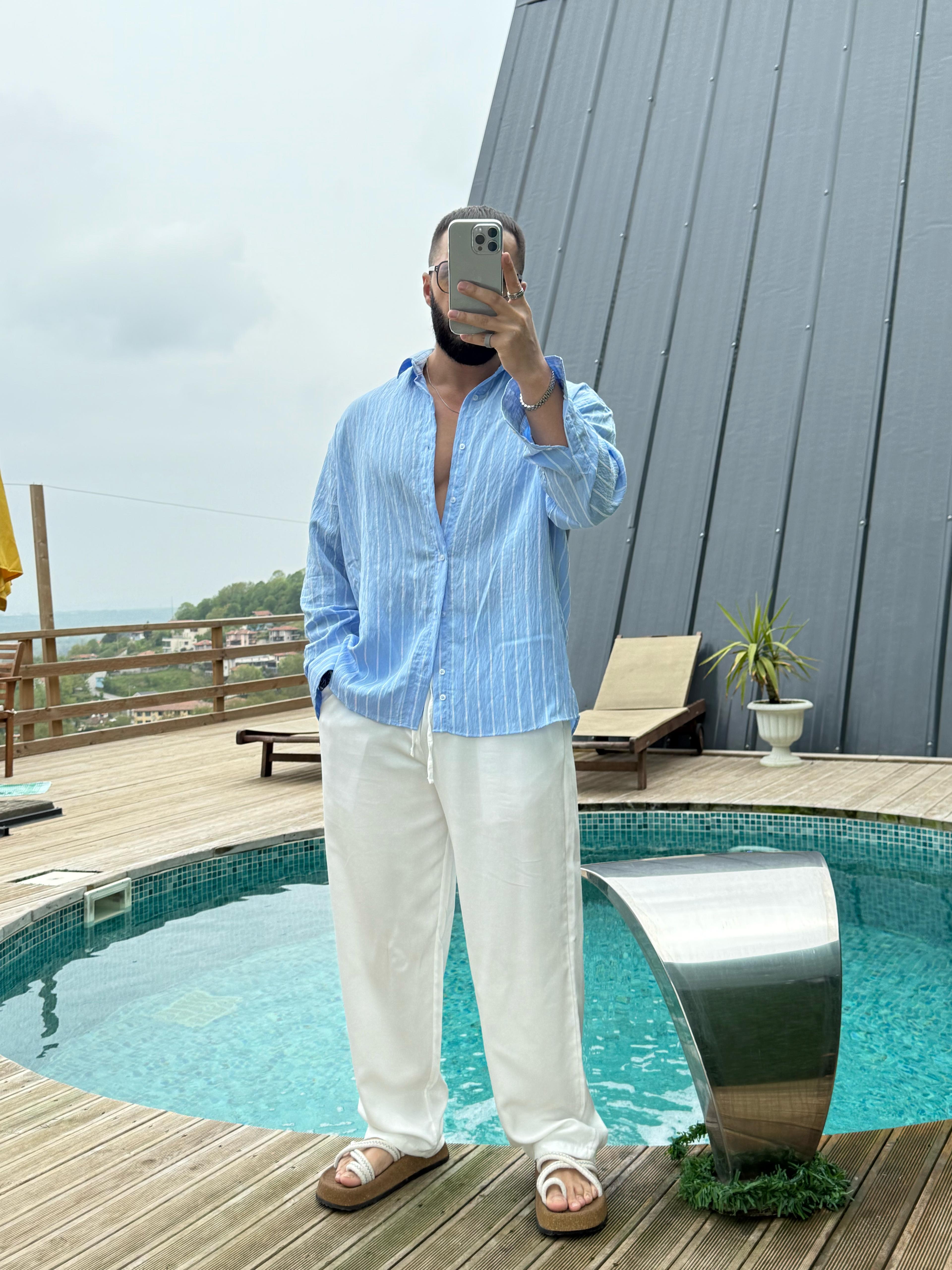 Oversize Armur İnce Çizgili Gömlek Bebe Mavisi