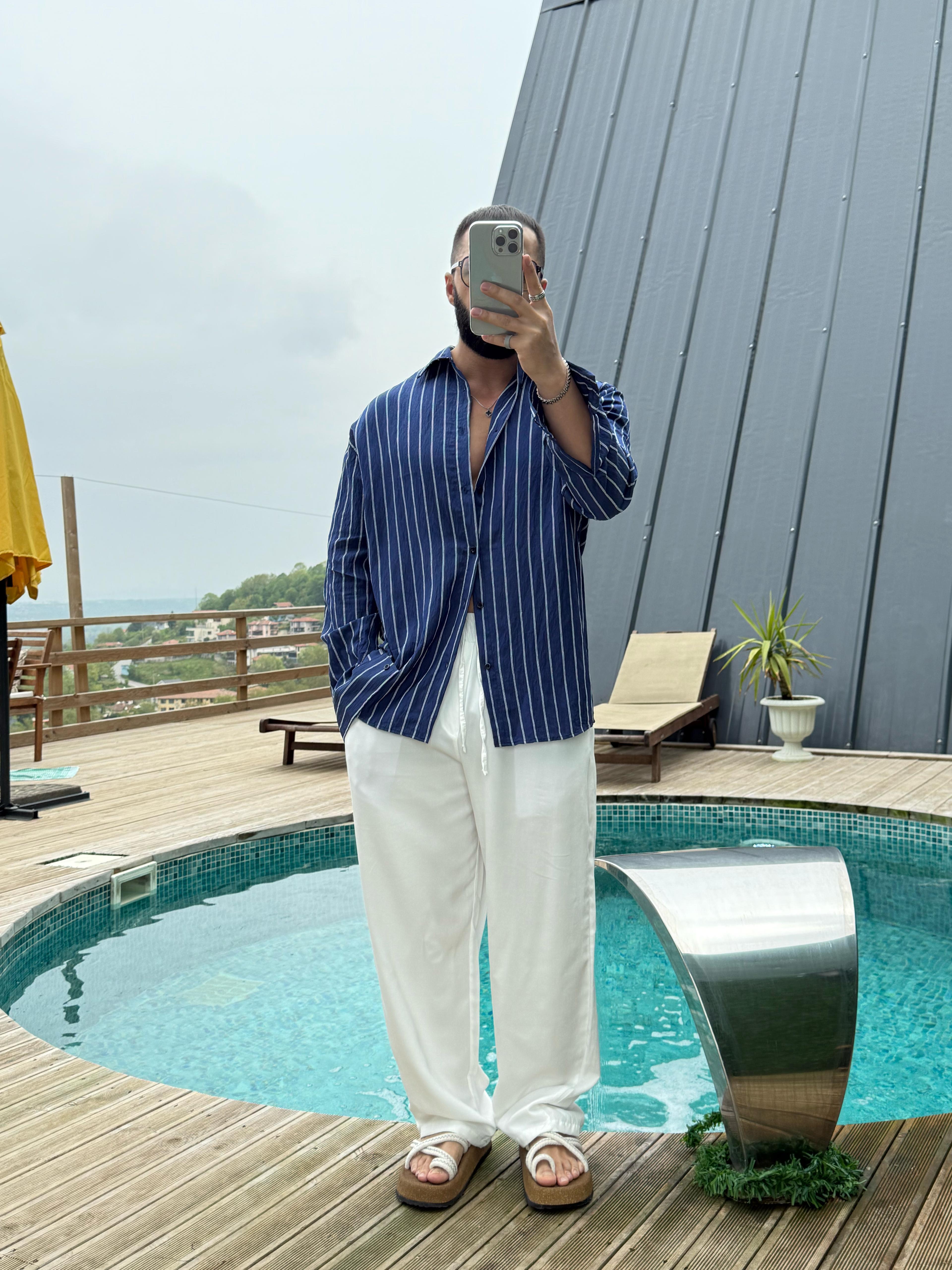 Oversize Armur İnce Çizgili Gömlek Koyu Lacivert