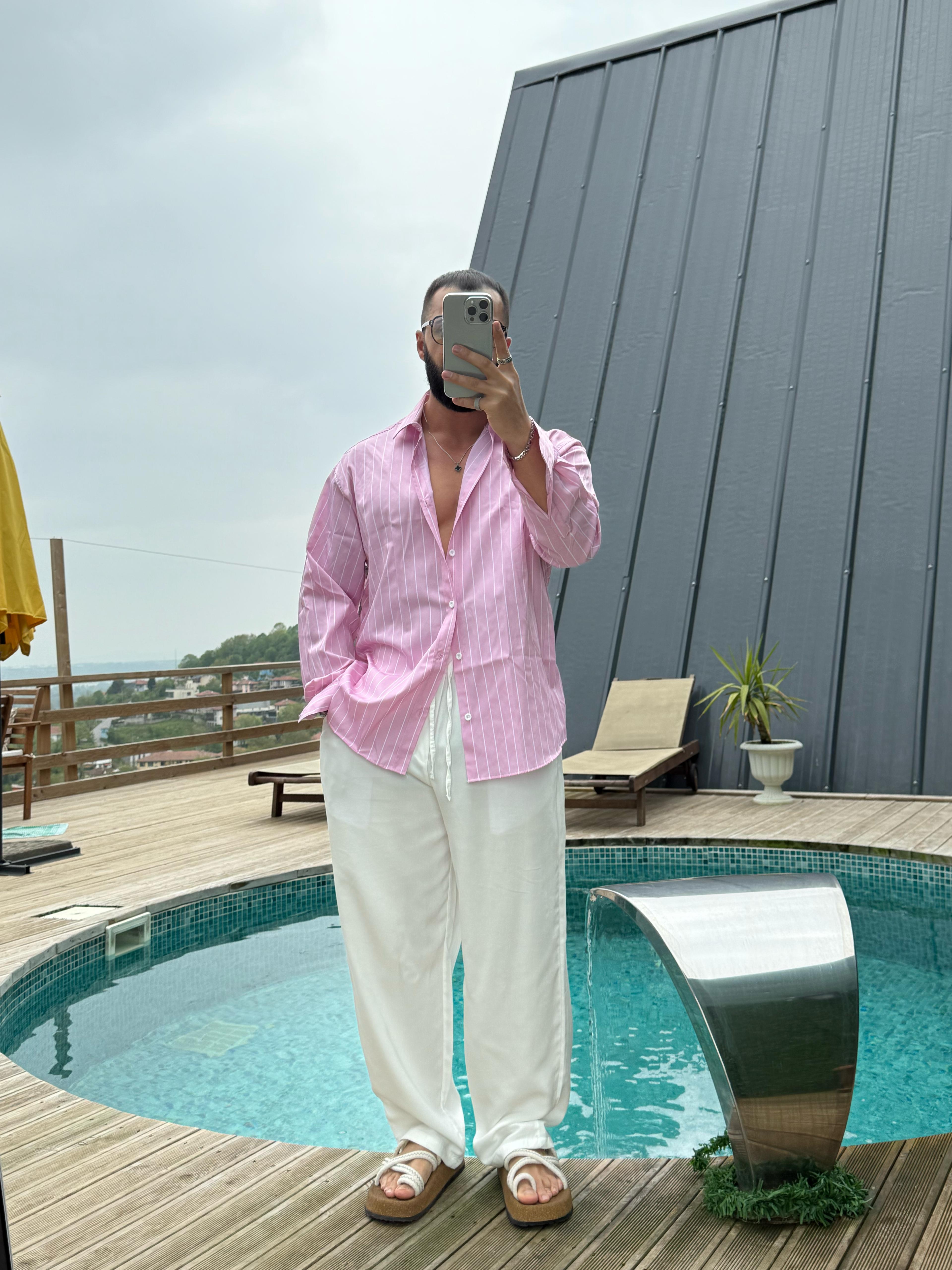 Oversize Armur İnce Çizgili Gömlek Pembe