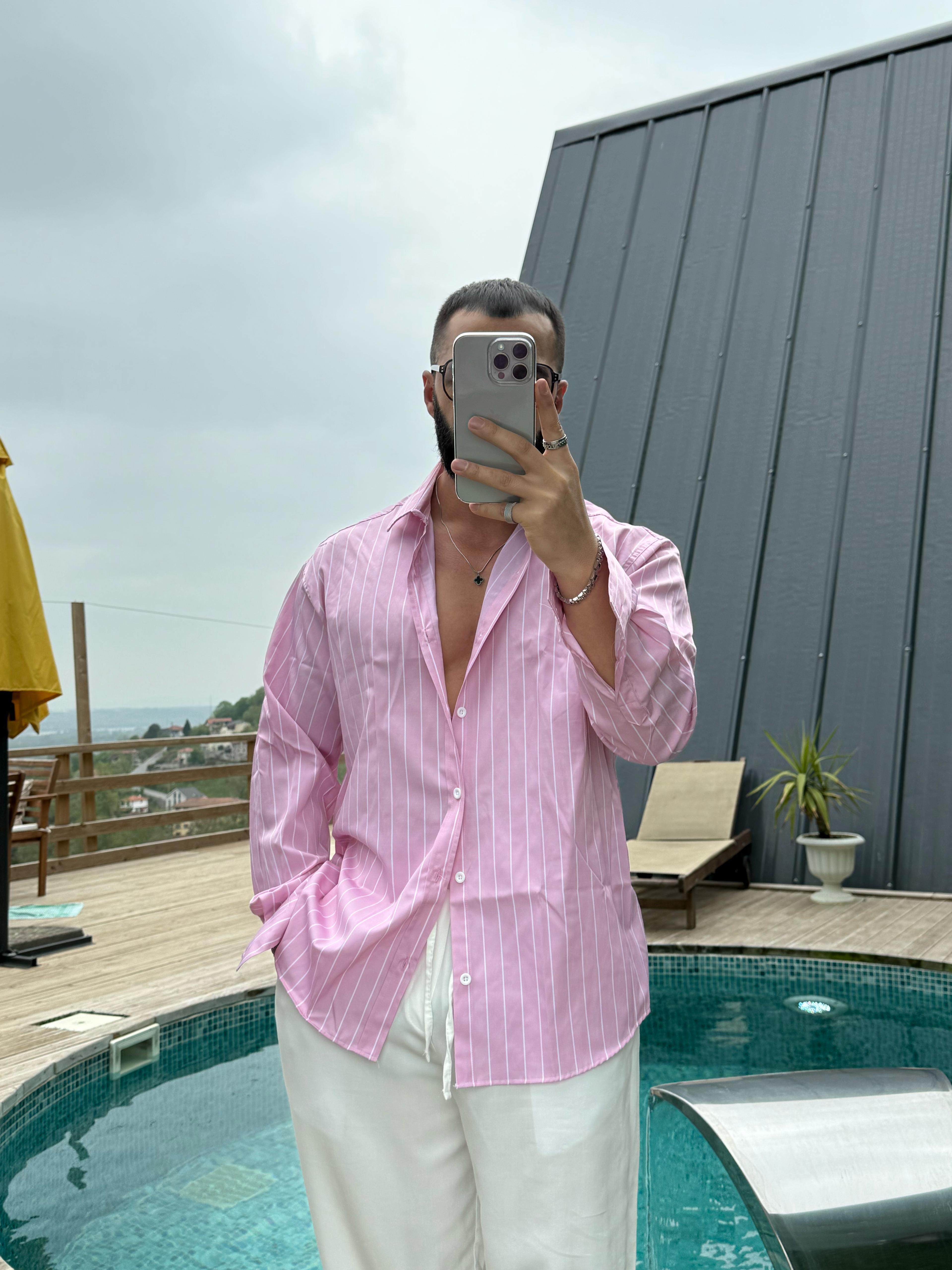 Oversize Armur İnce Çizgili Gömlek Pembe