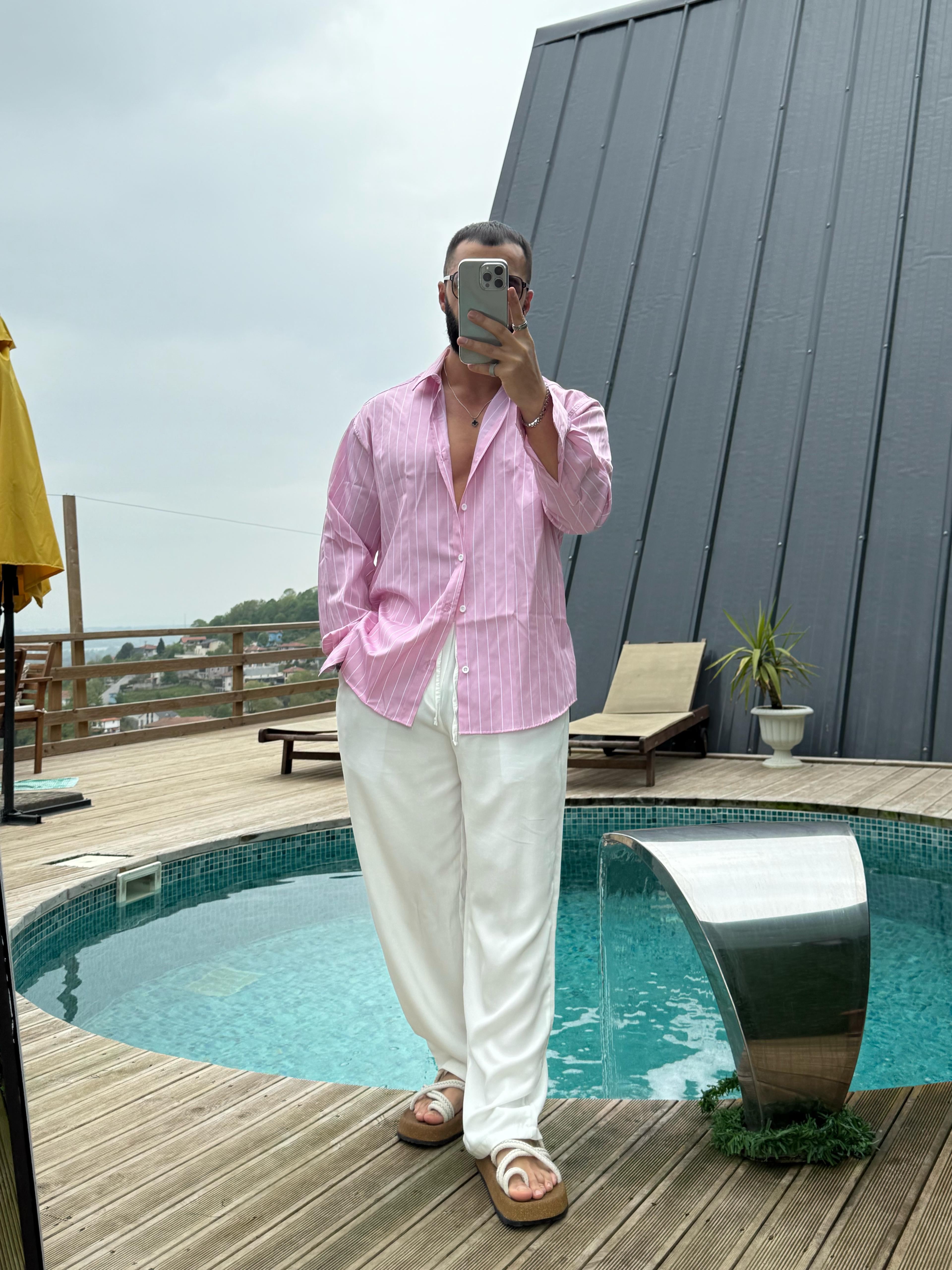 Oversize Armur İnce Çizgili Gömlek Pembe