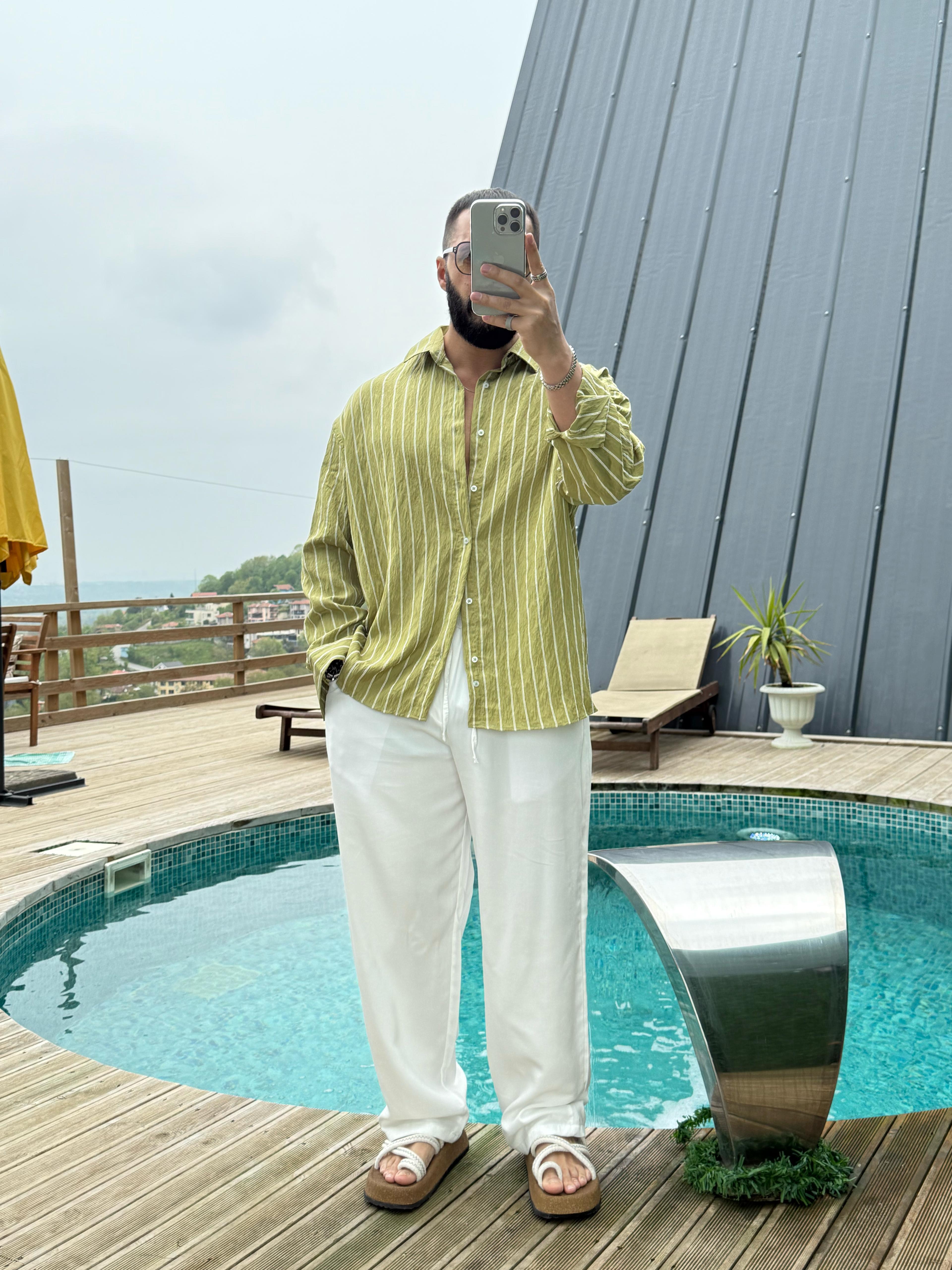 Oversize Armur İnce Çizgili Gömlek Yeşil