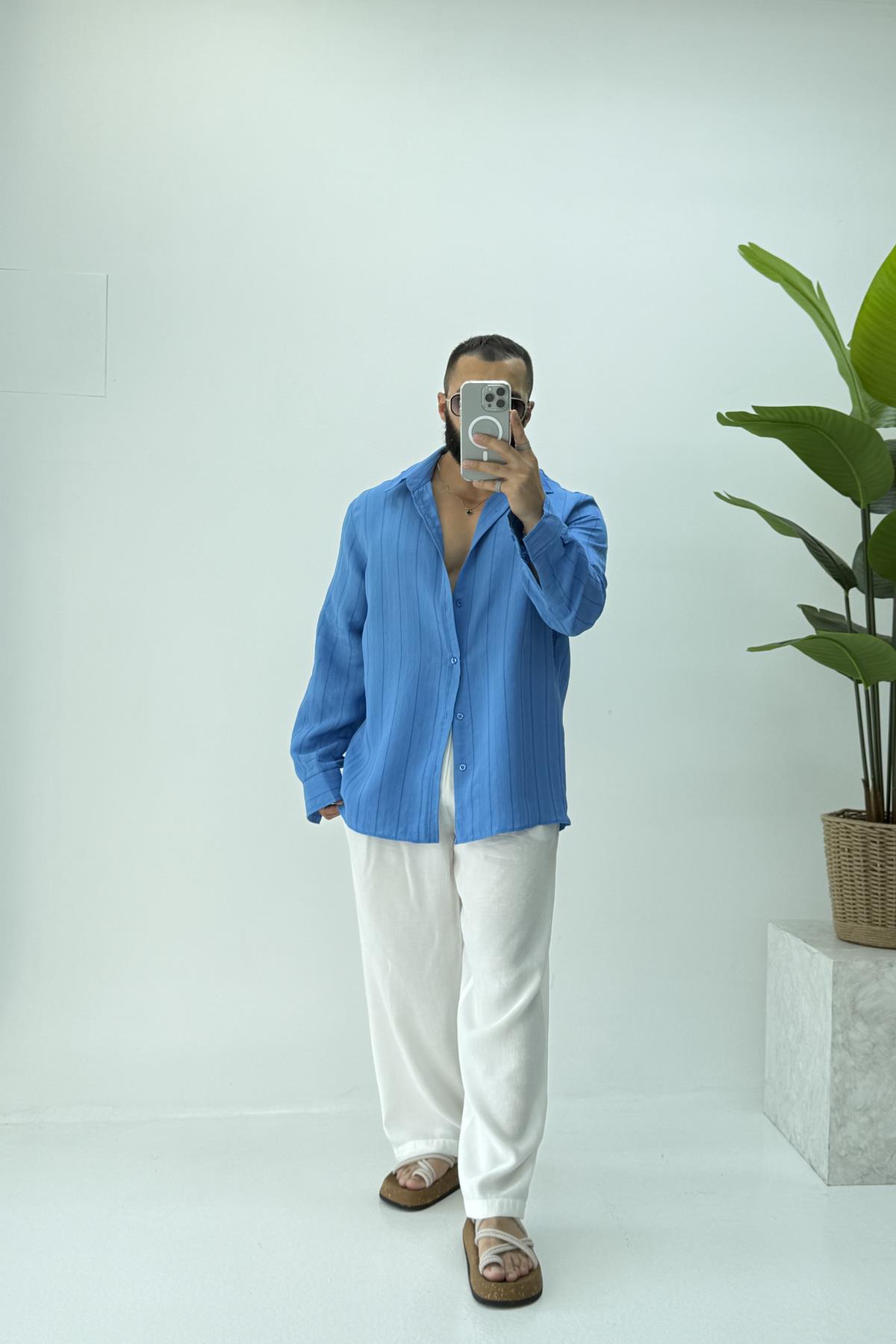 OVERSİZE ÇİZGİ DETAYLI GÖMLEK MAVİ