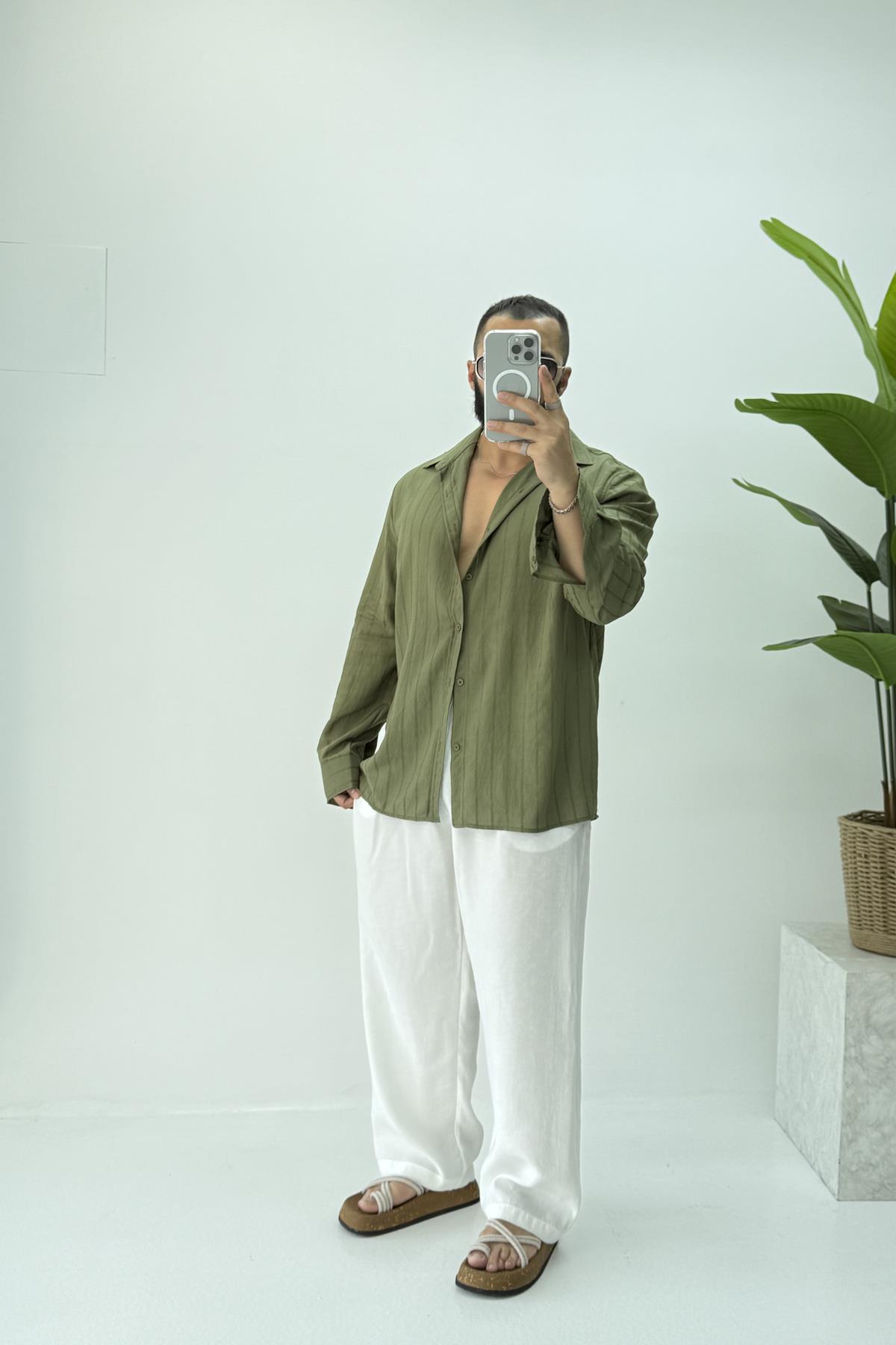 OVERSİZE ÇİZGİ DETAYLI GÖMLEK YEŞİL 