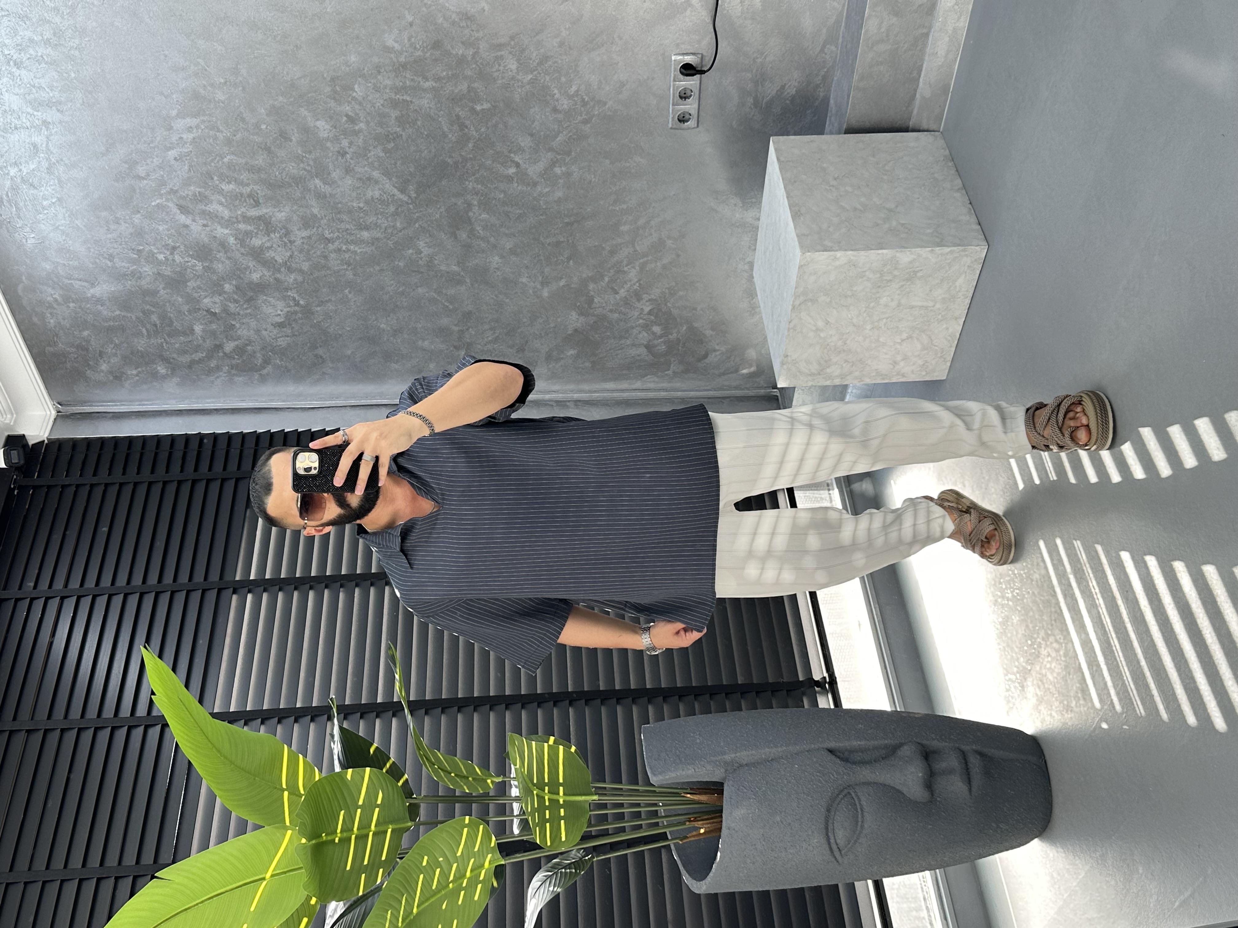 oversize çizgili polo yaka