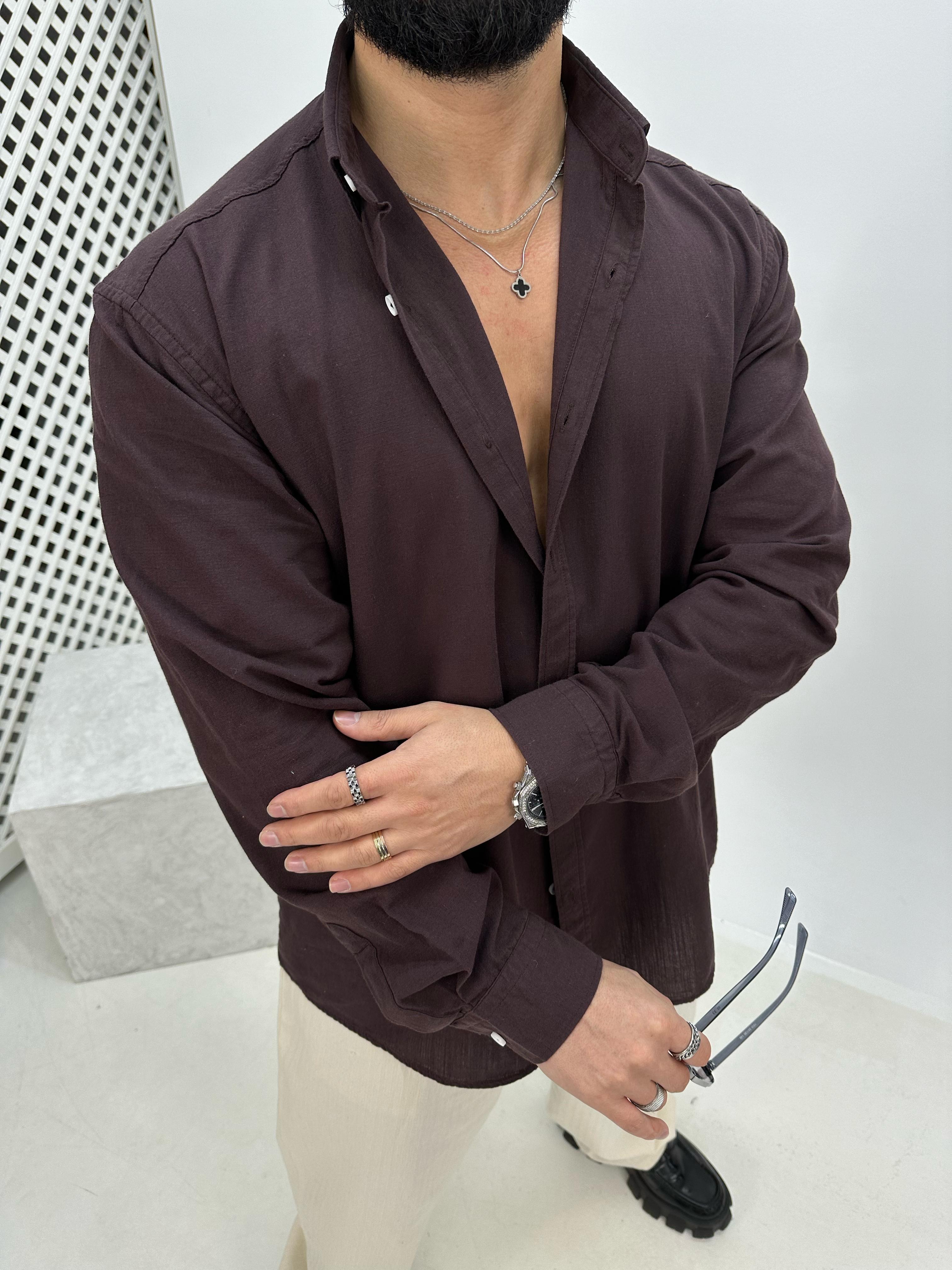 Oversize Fresh Keten Gömlek Acı Kahve