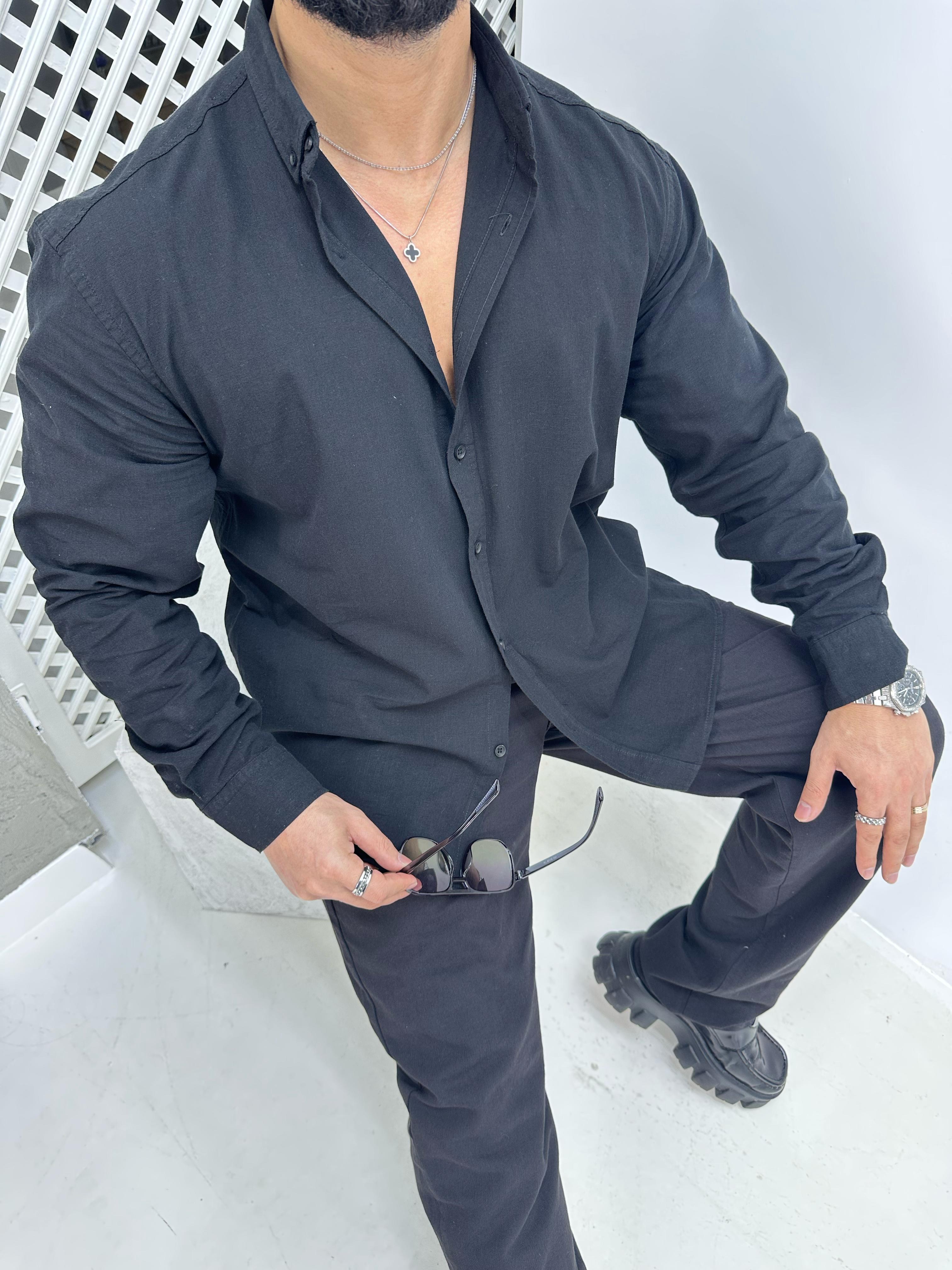 Oversize Fresh Keten Gömlek Siyah