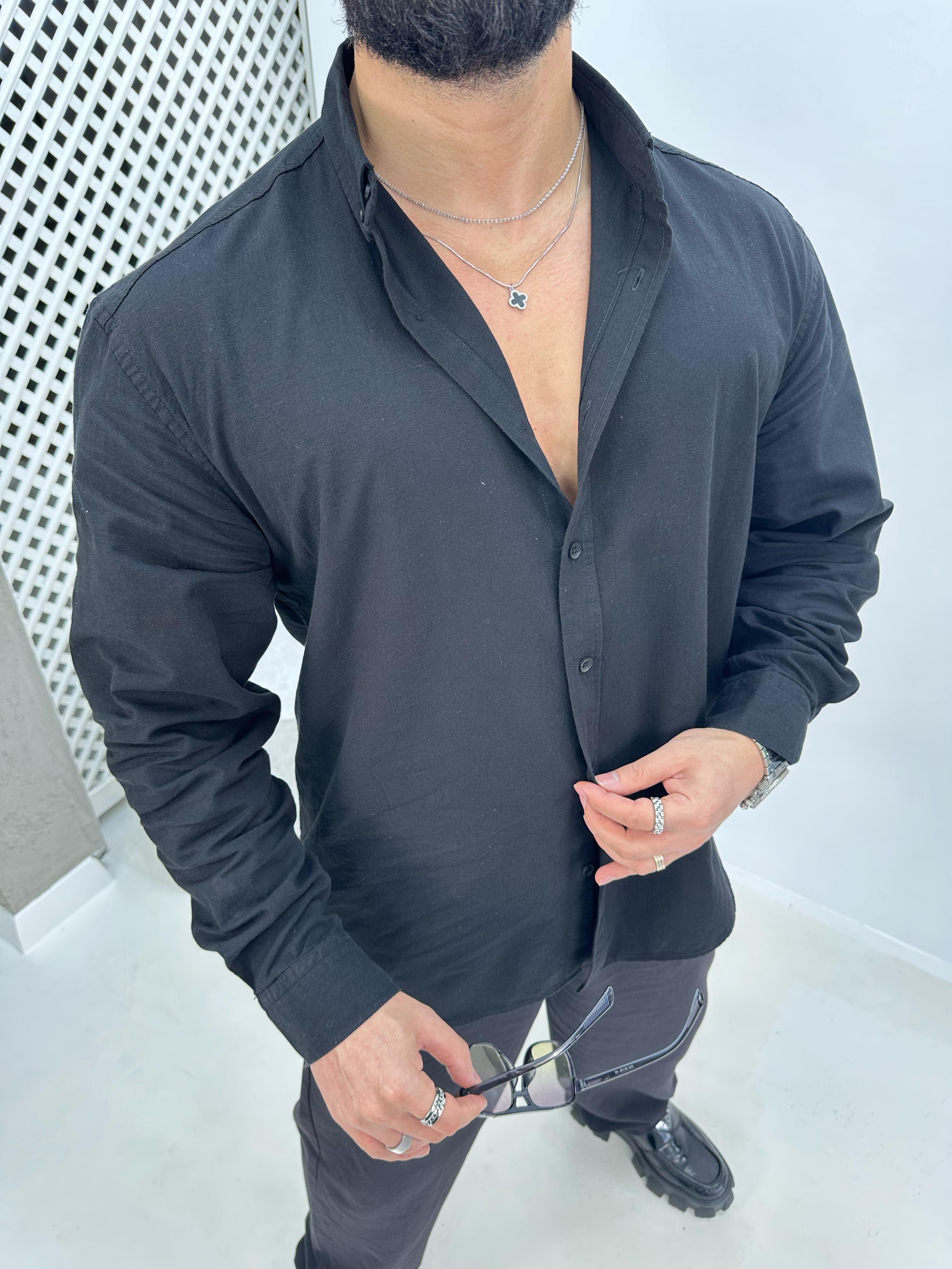 Oversize Fresh Keten Gömlek Siyah